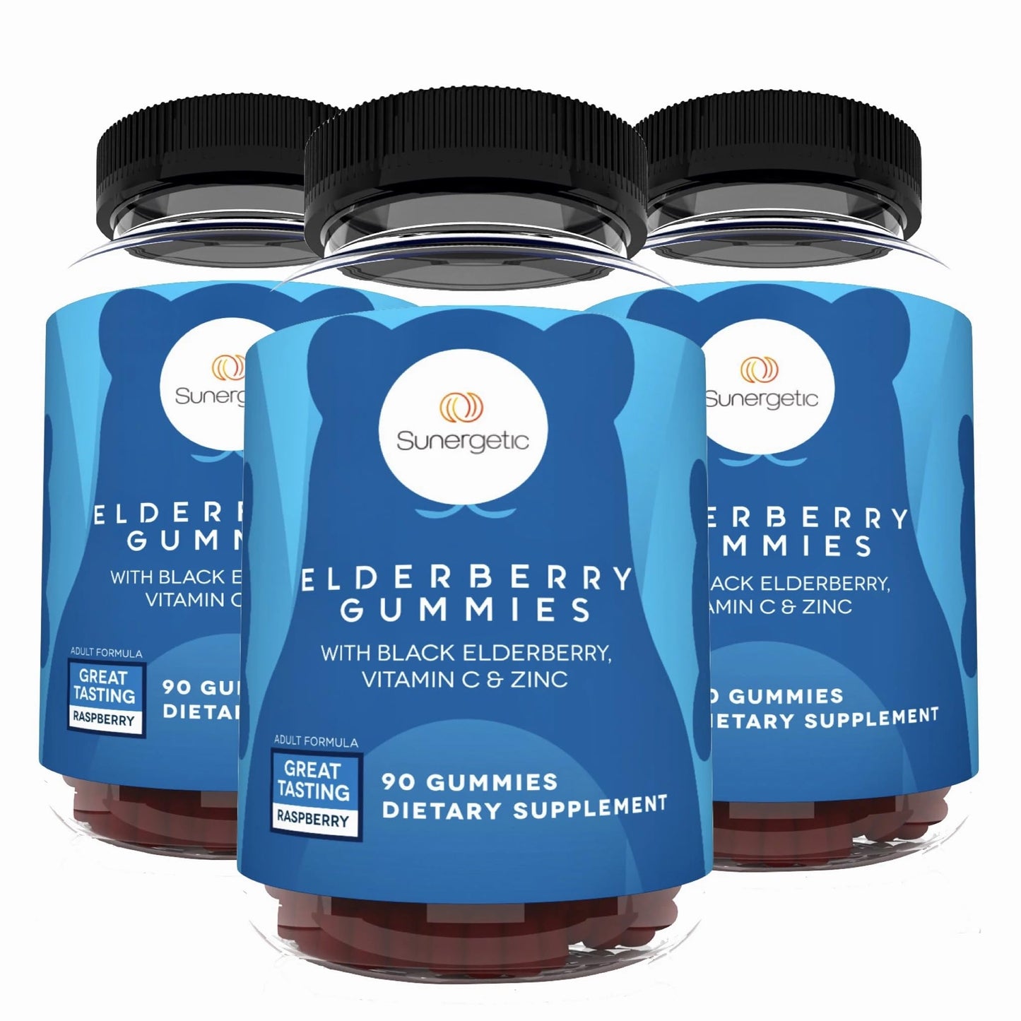 Sunergetic Premium Black Elderberry Gummies with Vitamin C & Zinc, Raspberry Flavored, 90 Gummies