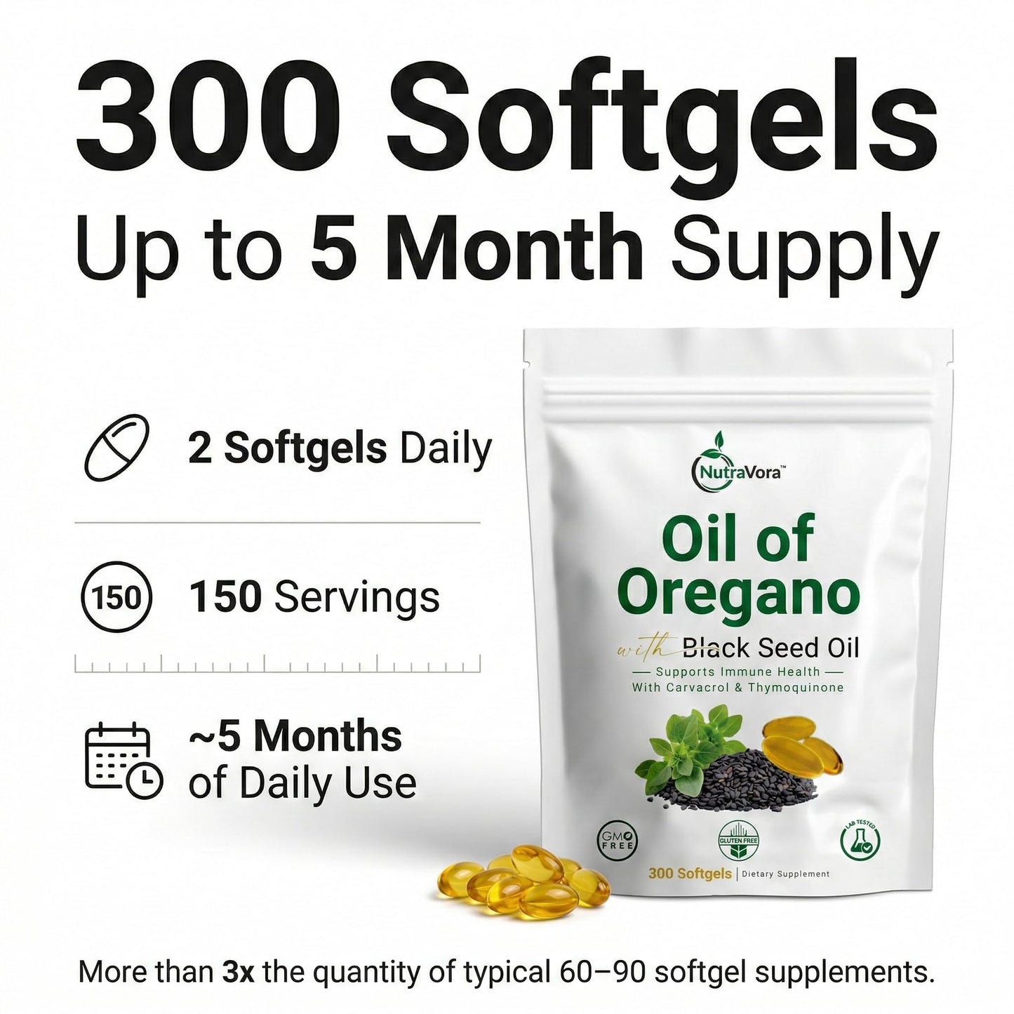 NutraVora Oil of Oregano with Black Seed Oil Softgels 300