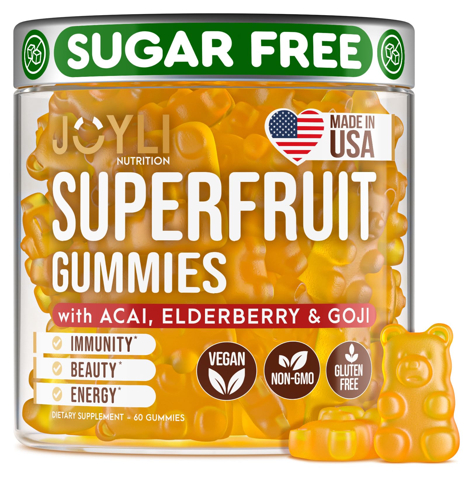 JOYLI Nutrition Joyli Superfruit Gummies - Sugar-Free Fruit Multivitamin for Adults - Natural Gummy Vitamins for Women & Men with Goji, Elderberry, Vitamins A, C, D & E - Supports Immunity, Digestion & Energy, 60 Count