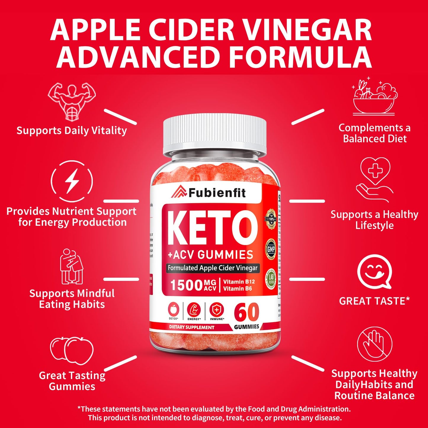 Fubienfit Apple Cider Vinegar Gummies with Mother – ACV Gummies with B Vitamins, Pomegranate & Beet Root – Daily Wellness & Digestive Balance – Vegan, Sugar-Free, 60 Count
