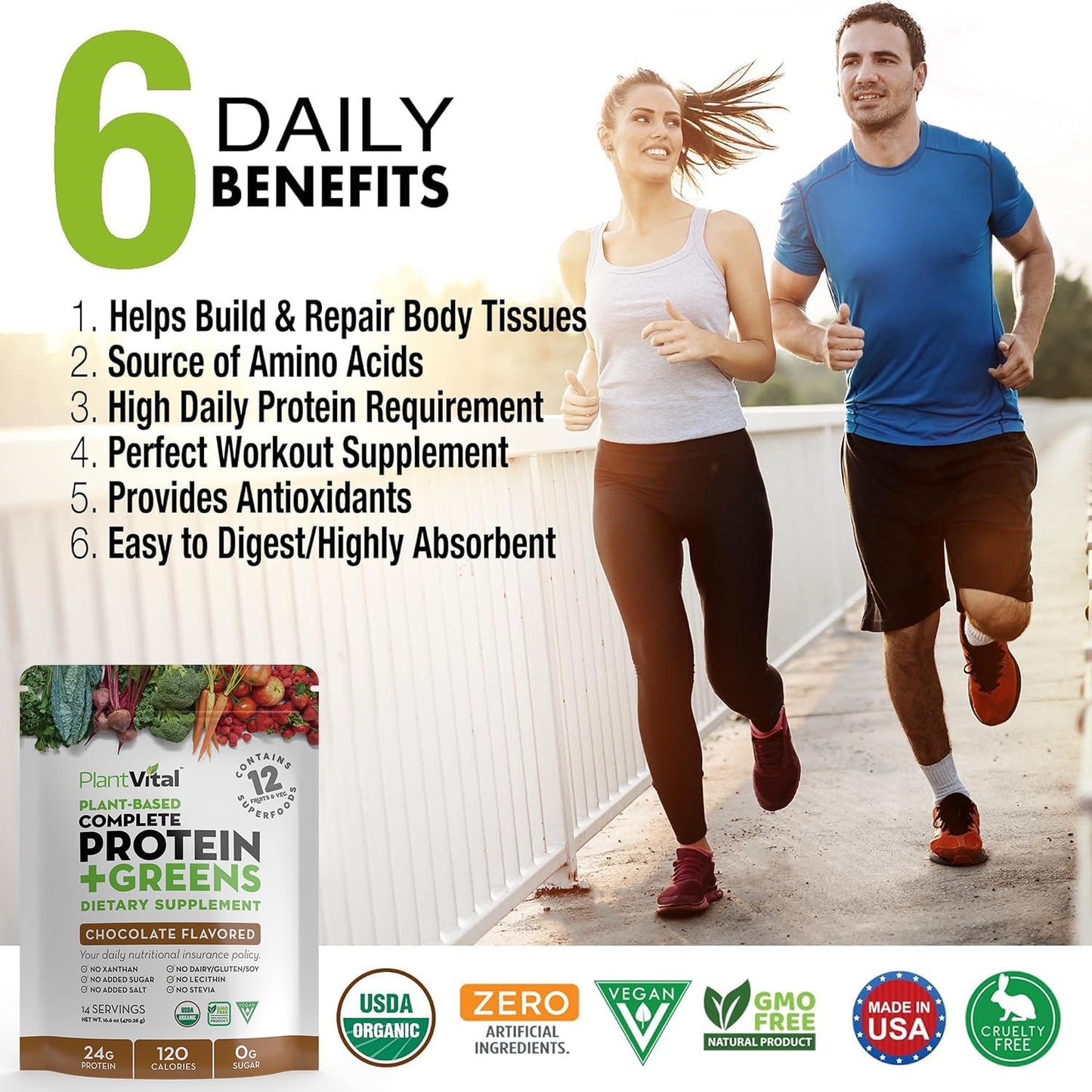 PlantVital Vegan Protein Powder, Chocolate, Plant Based, Organic, Gluten-Free, Keto-Friendly, 16 oz