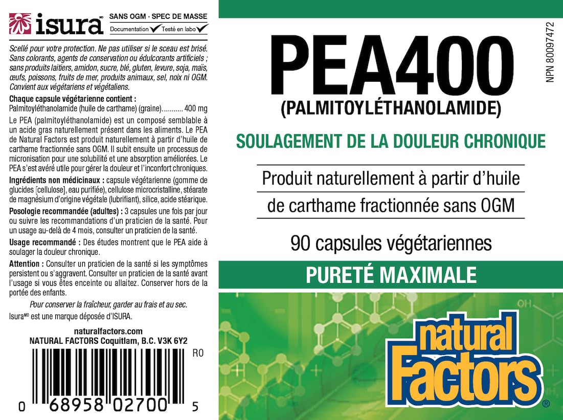 Natural Factors PEA400 Pure Palmitoylethanolamide for Relief - Supports Nervous System & Occasional Discomfort - Non-GMO 90 Capsules
