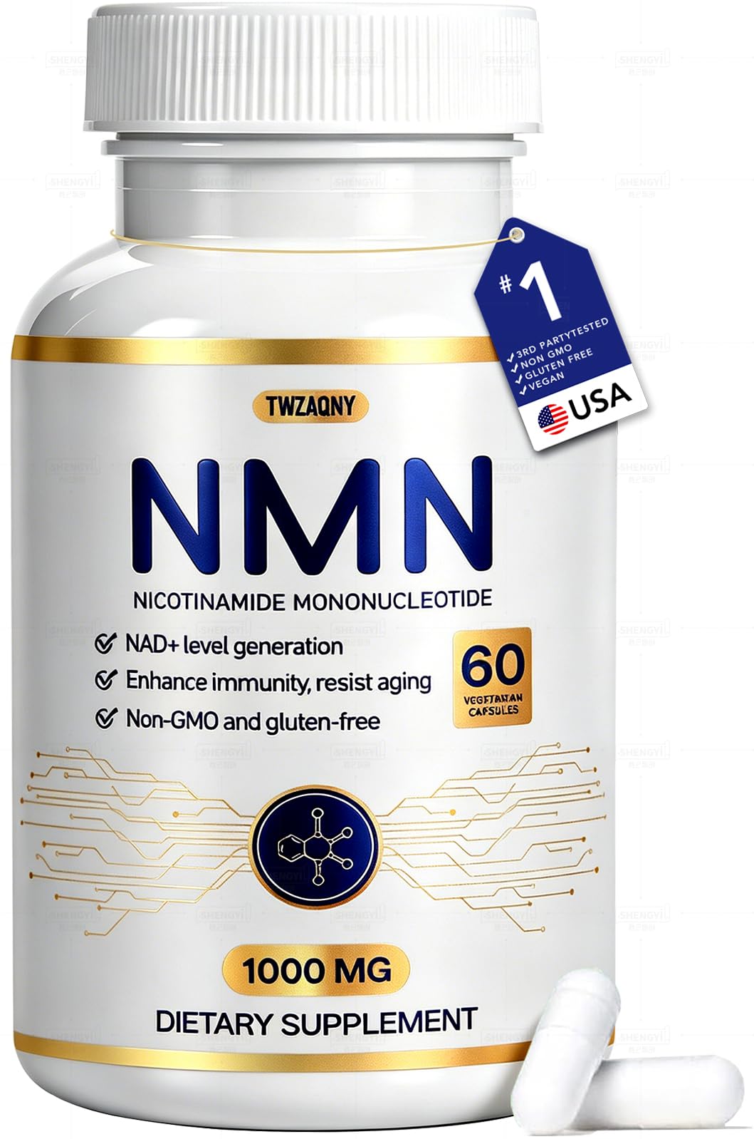 Twzaqny NMN Supplement 1000mg 10-in-1 Formula with Nicotinamide Mononucleotide, Resveratrol, and NAD+ Precursors 60 Capsules