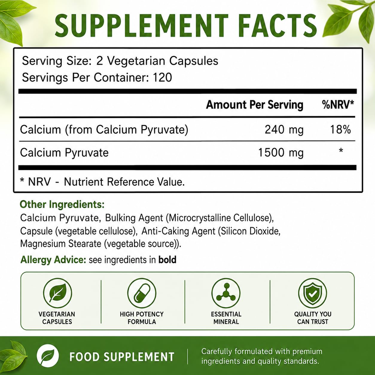 Brieofood Calcium Pyruvate 1500mg Capsules, 240 Count