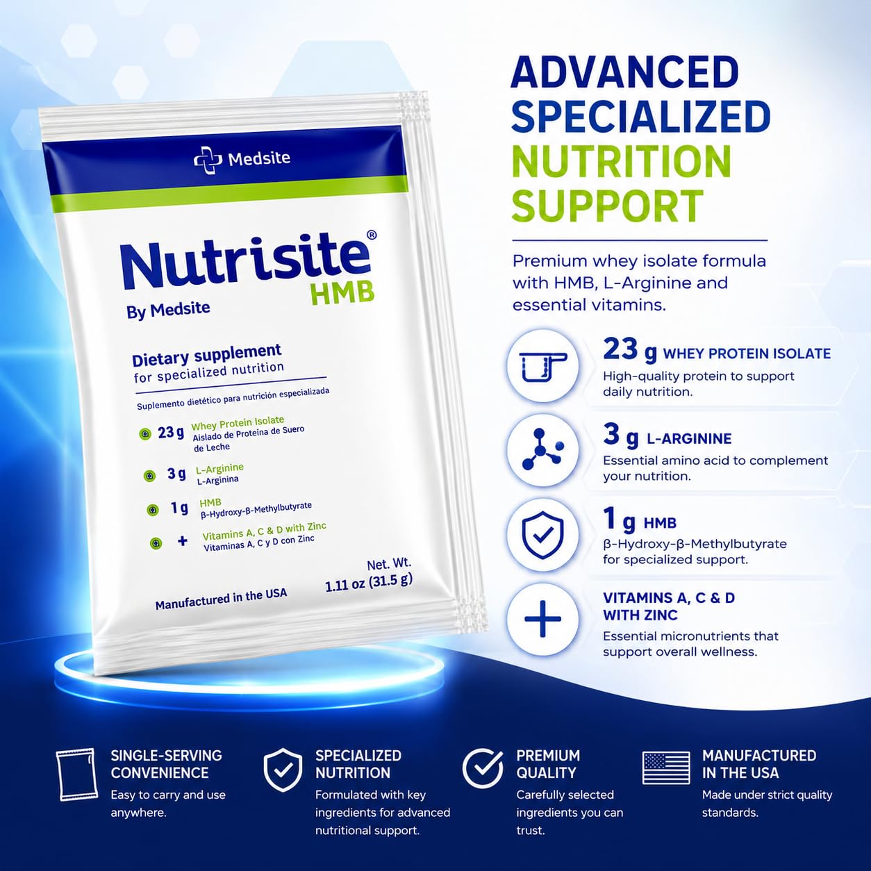 Medsite Nutrisite HMB Nutritional Protein Powder Sachets with Whey Isolate, Immune and Muscle Support, 1.09 oz