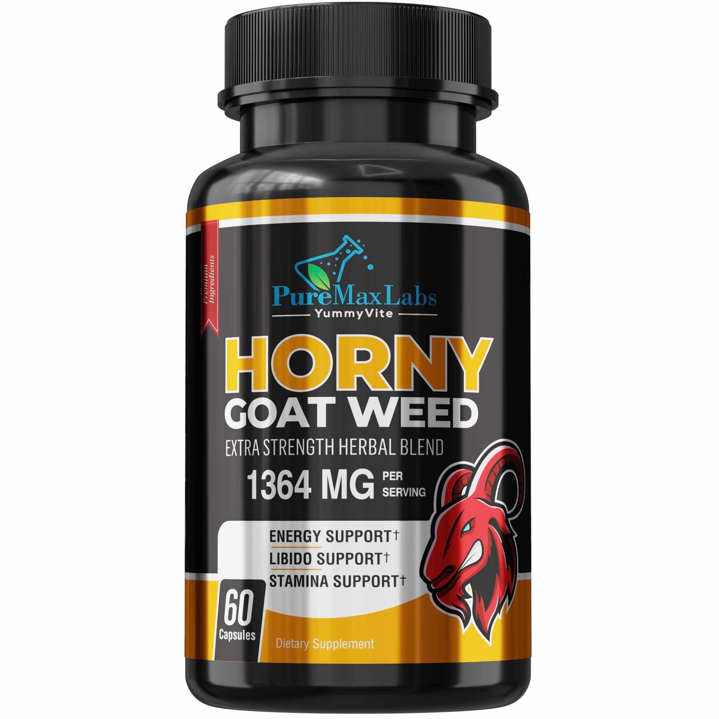 YUMMYVITE Horny Goat Weed Extra Strength w. Maca, L-Arginine, Ginseng, Boost Performance, Stamina, Energy, Non-GMO, 60 Capsules