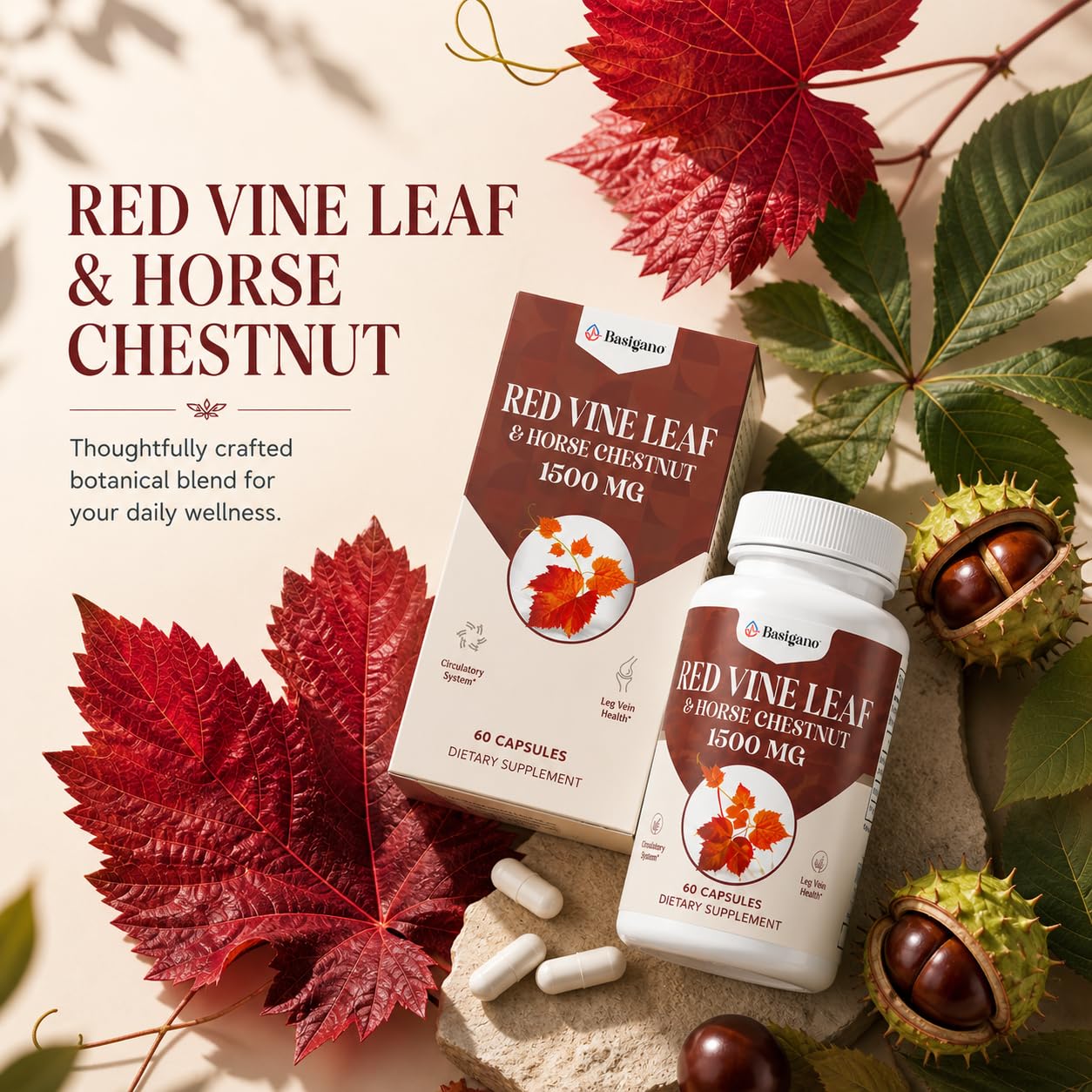 Basigano Red Vine Leaf & Horse Chestnut Extract 1500mg Capsule, 60 Count
