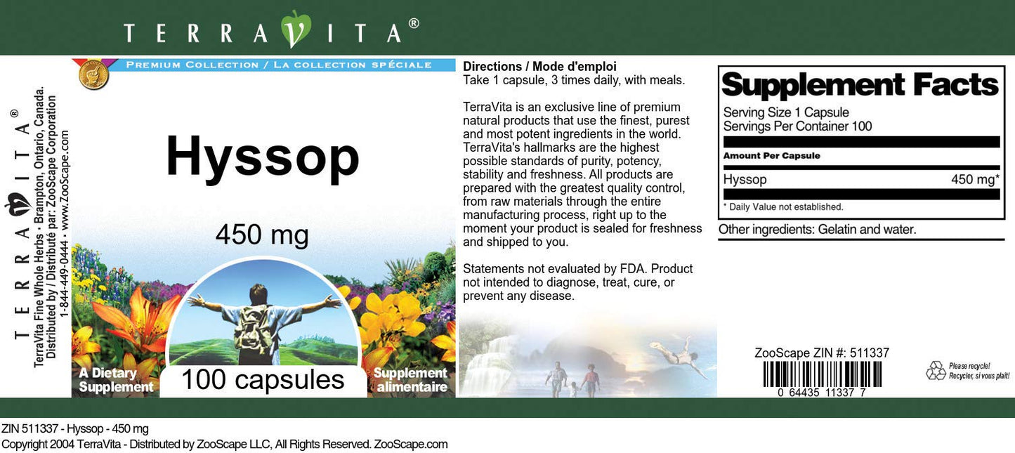 Terravita Hyssop 450 mg Capsules, 100 Count