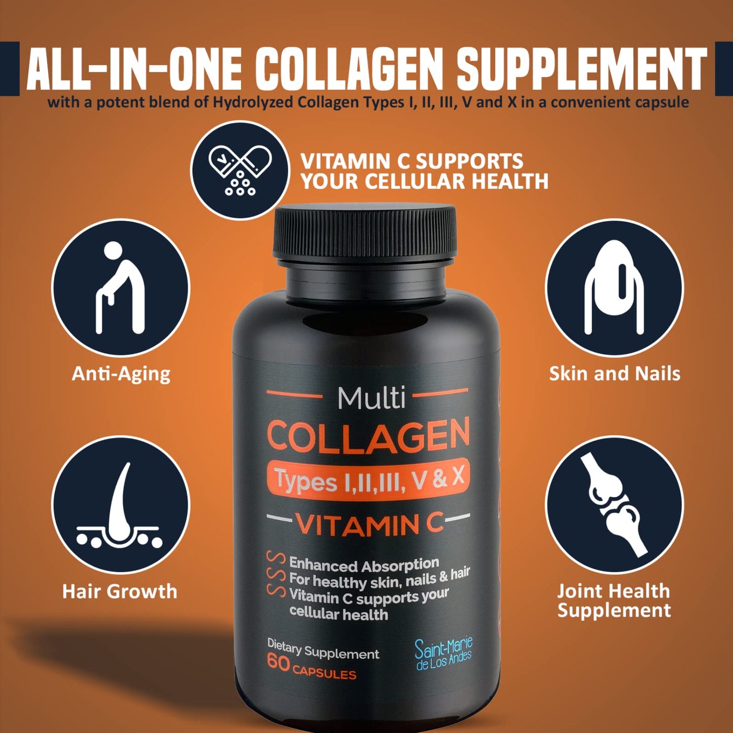 Saint-Marie de los Andes Multi Collagen Pills (Types I, II, III, V & X) + Vitamin C + Absorption Enhancer, Capsule, 60 Count