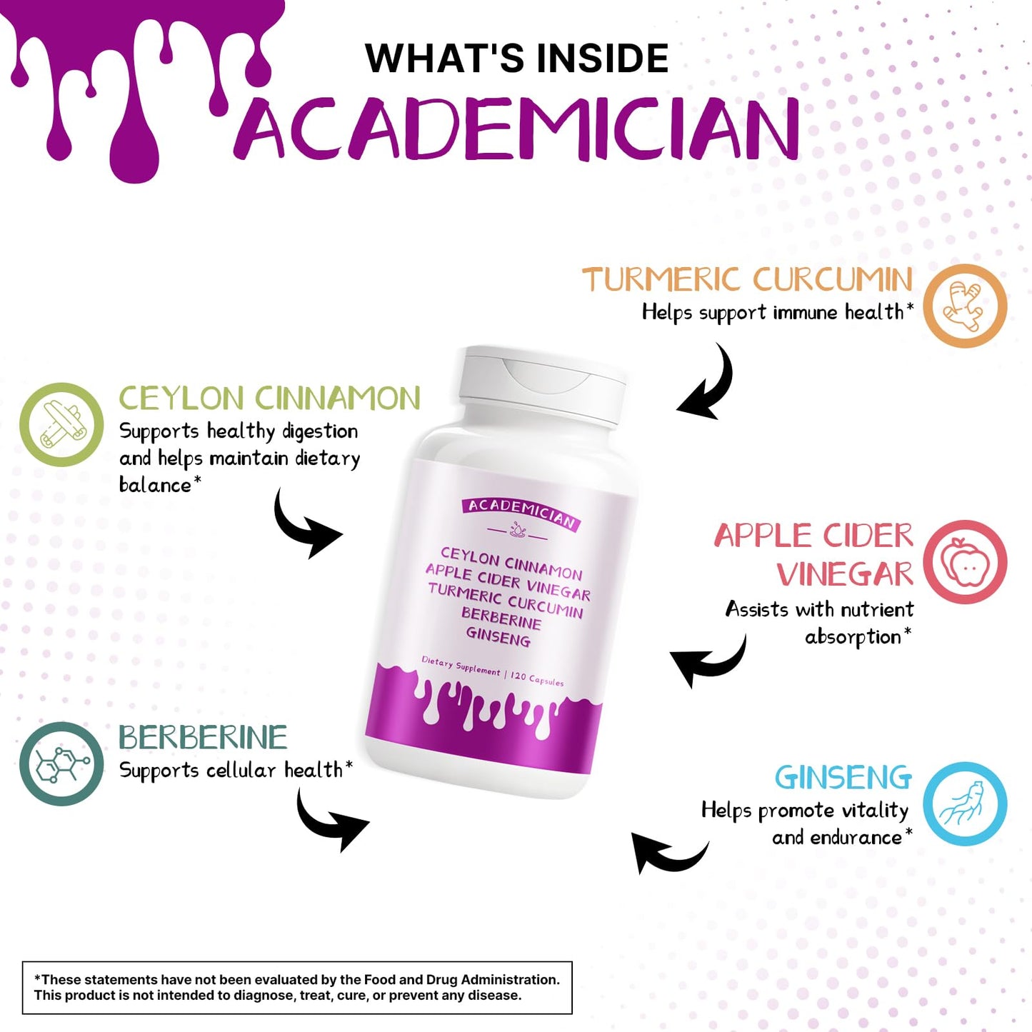 ACADEMICIAN Berberine Apple Cider Vinegar Turmeric Supplement with Ceylon Cinnamon Ginseng Bitter Melon Gymnema Fenugreek Milk Thistle Capsules 120