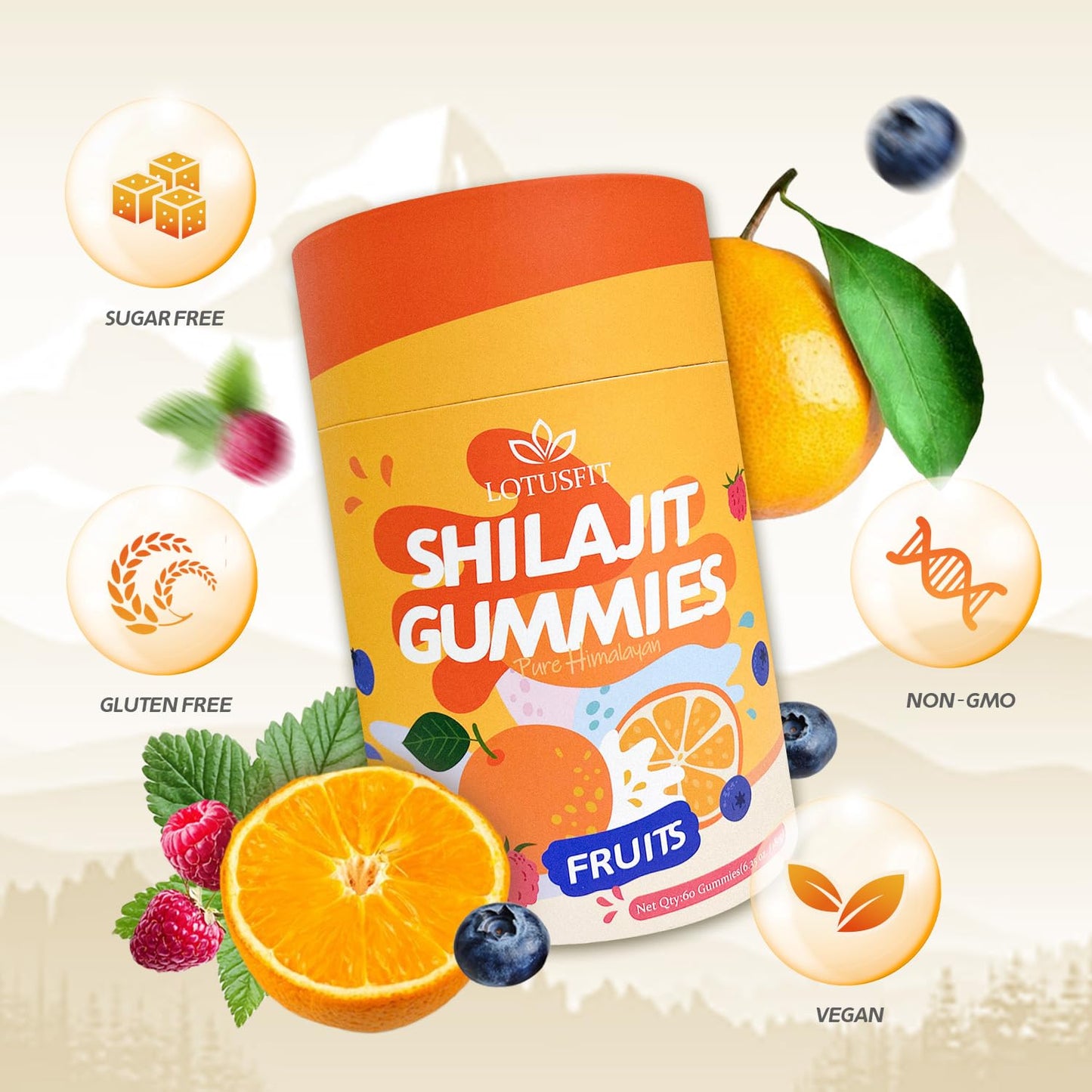 AUIXOPI Shilajit Gummies with Ashwagandha & Fulvic Acid – Mixed Berry & Citrus Flavored (Raspberry, Blueberry, Orange), 60 Gummies
