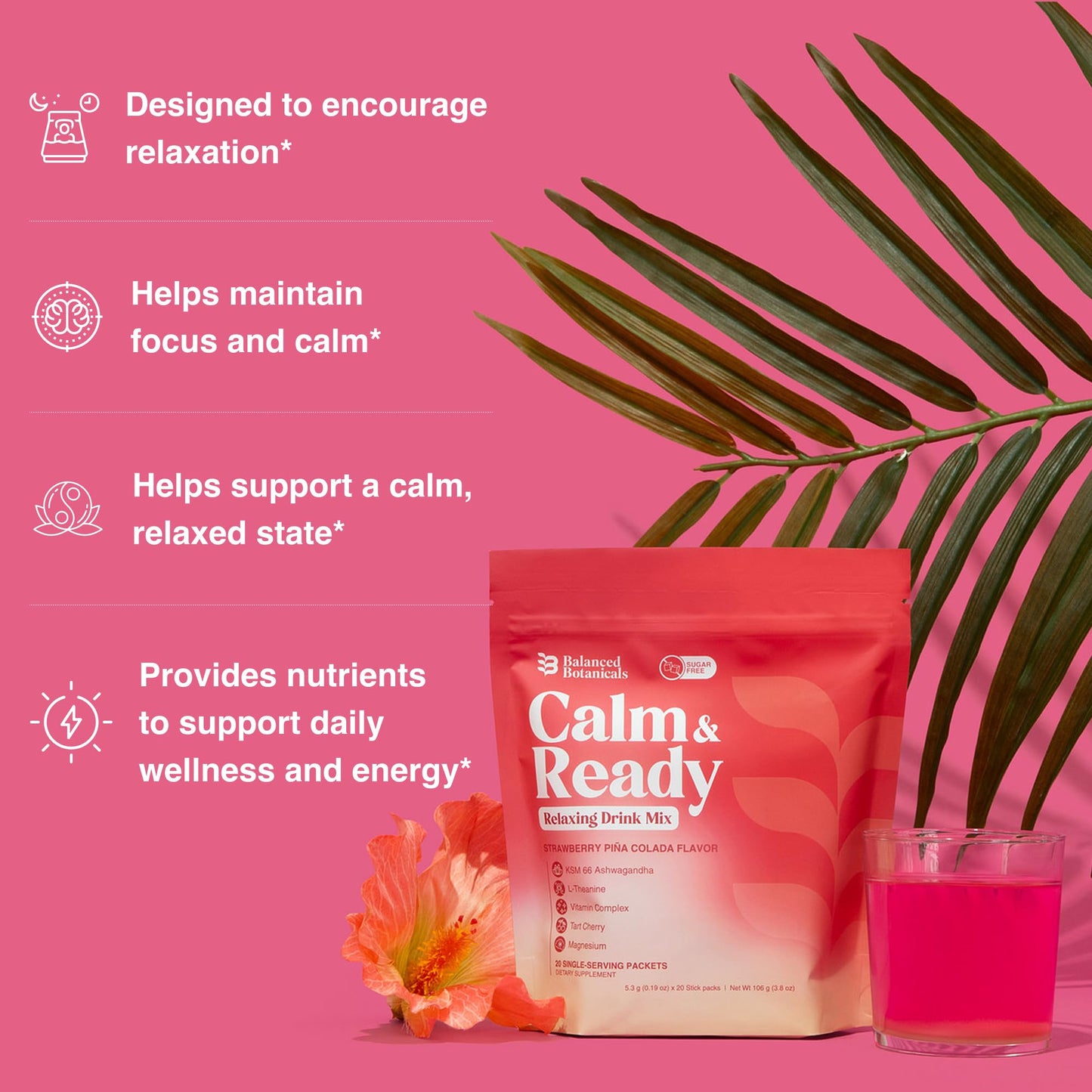 Balanced Botanicals Calm and Ready Powder 3.8 Ounce with Magnesium Glycinate, Ashwagandha KSM-66, L-Theanine, Tart Cherry, Cortisol Reducer Sleep & Relaxation Aid, Sugar Free, Strawberry Pina Colada