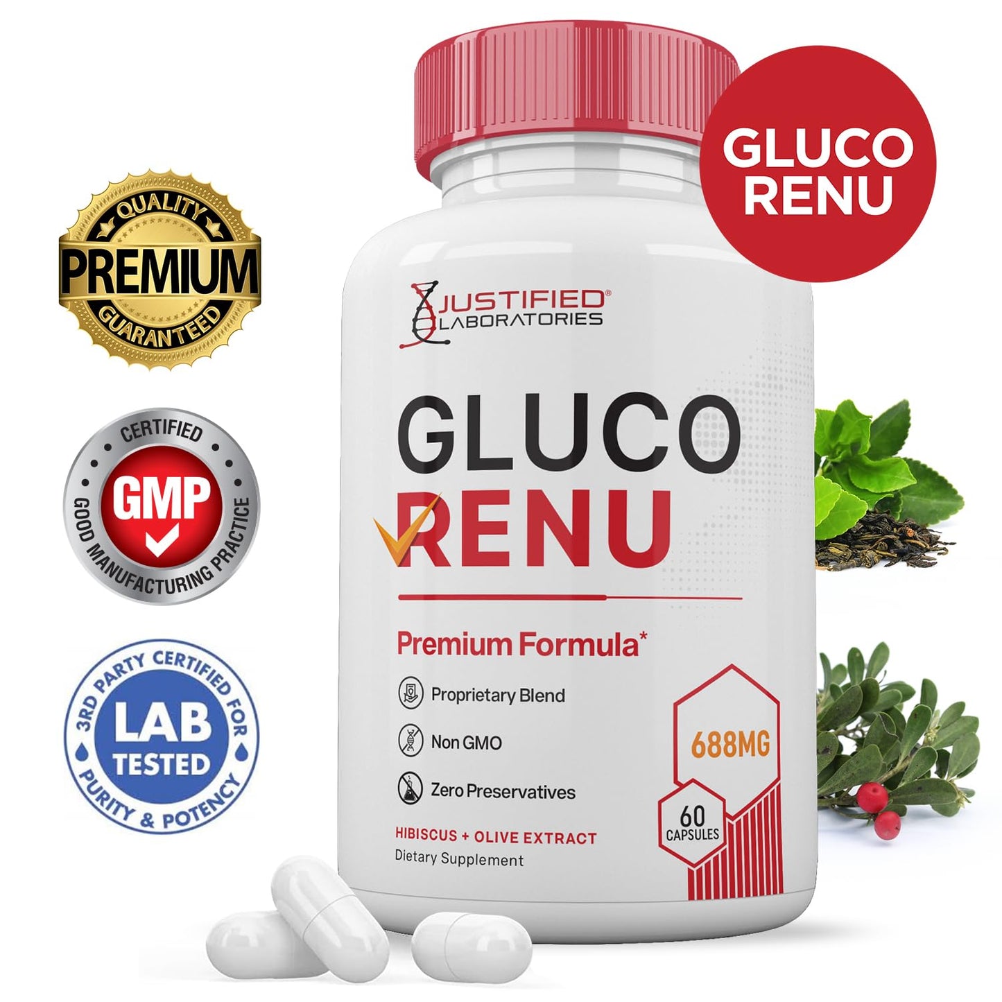 Justified Laboratories Gluco Renu 688MG Glyco Support Capsules, 600 Capsules