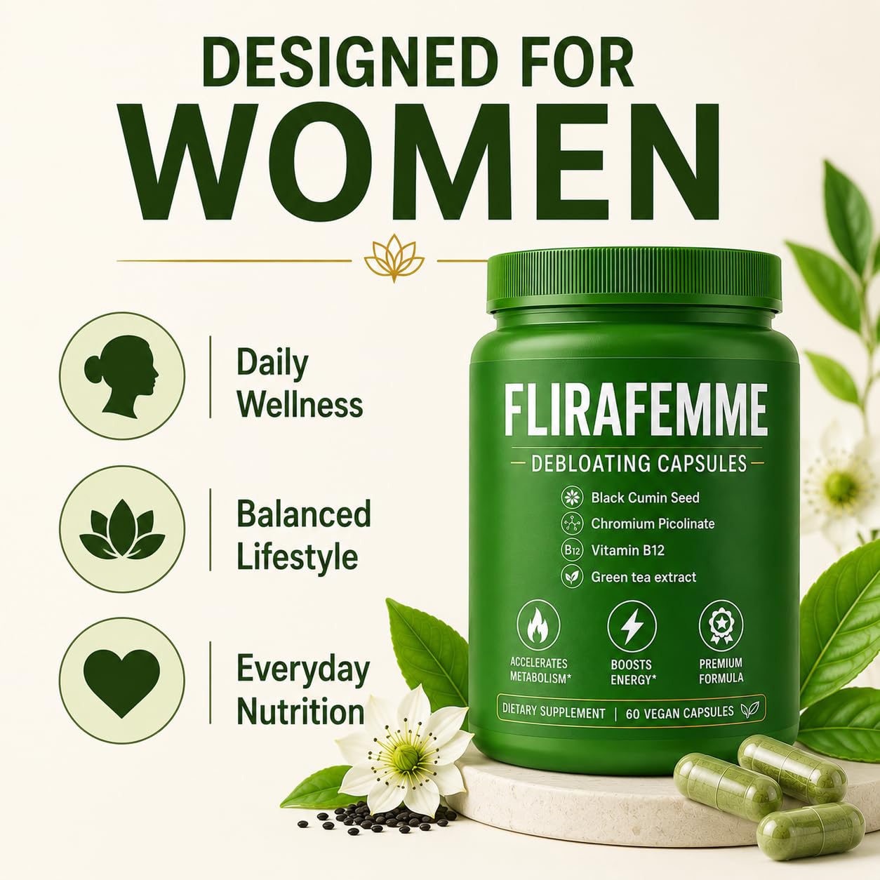 Voluglow Flira Femme Debloating Capsules with Green Tea Extract, Black Cumin Seed, Chromium & Vitamin B12 – 60 Capsules