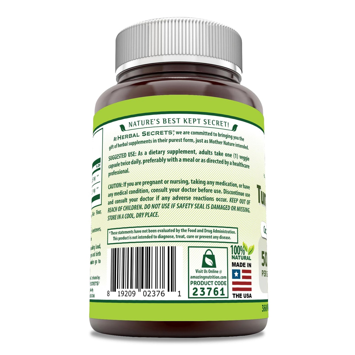 Herbal Secrets Turmeric & Ginger 500 Mg Veggie Capsules Supplement, 360 Count