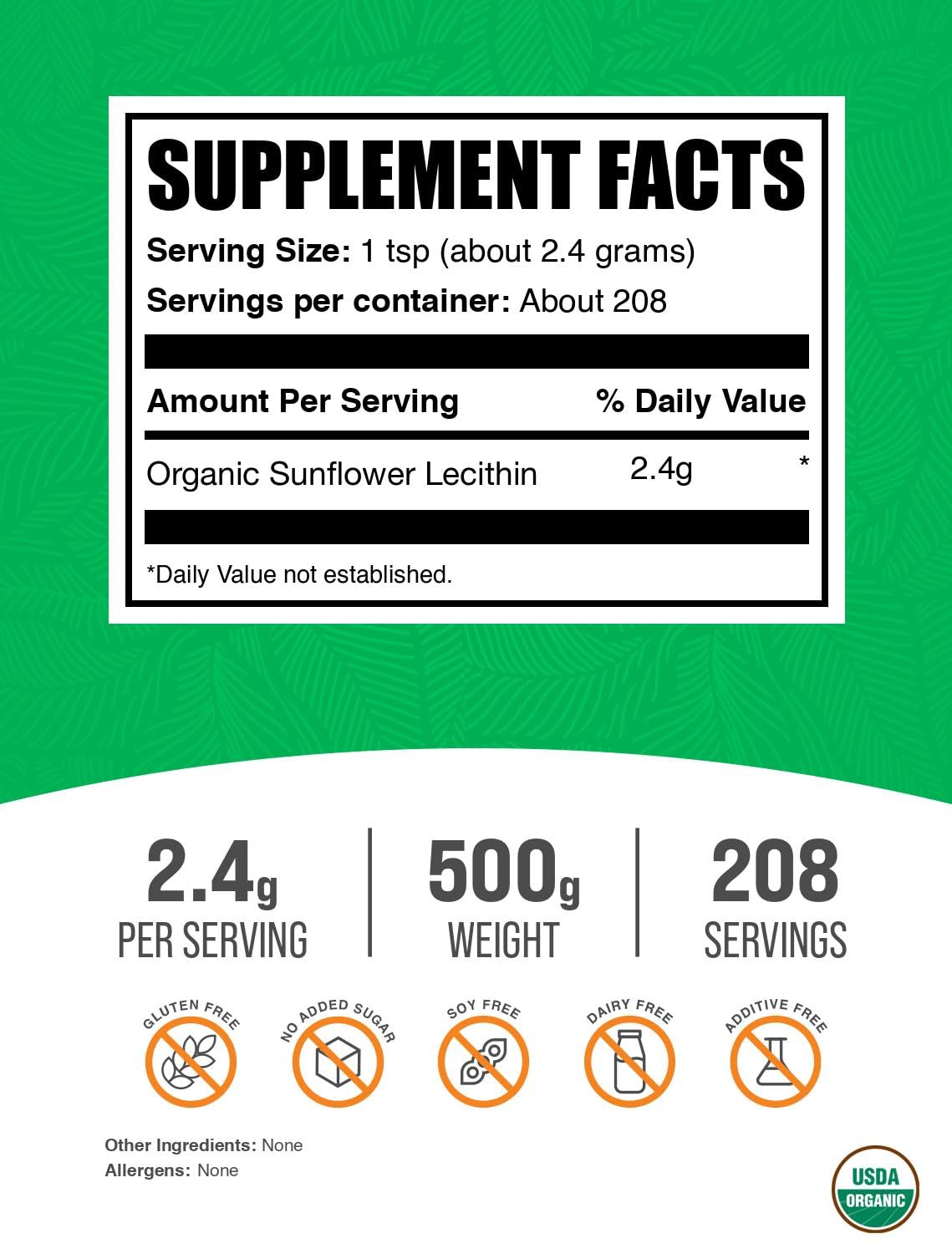 BulkSupplements Organic Sunflower Lecithin Powder, 17.6 oz