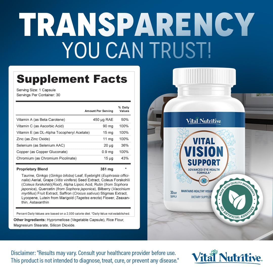 VITAL NUTRITIVE Vital Vision Support Eye Health Supplement with Vitamin A, Lutein, Beta Carotene & Antioxidants Capsule, 30 Count
