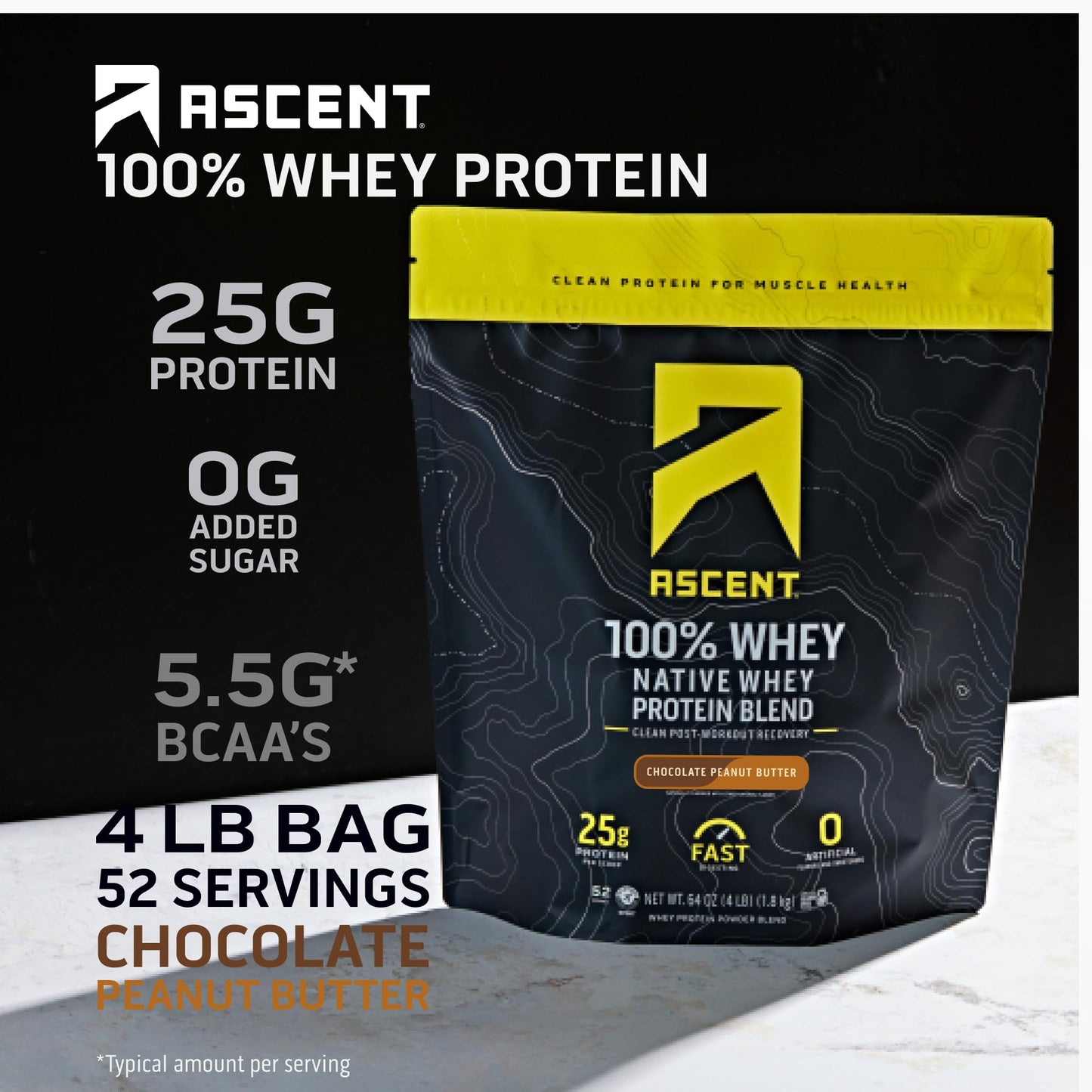 Ascent 100% Whey Protein Powder Post Workout Whey Protein Isolate, Chocolate Peanut Butter, 64