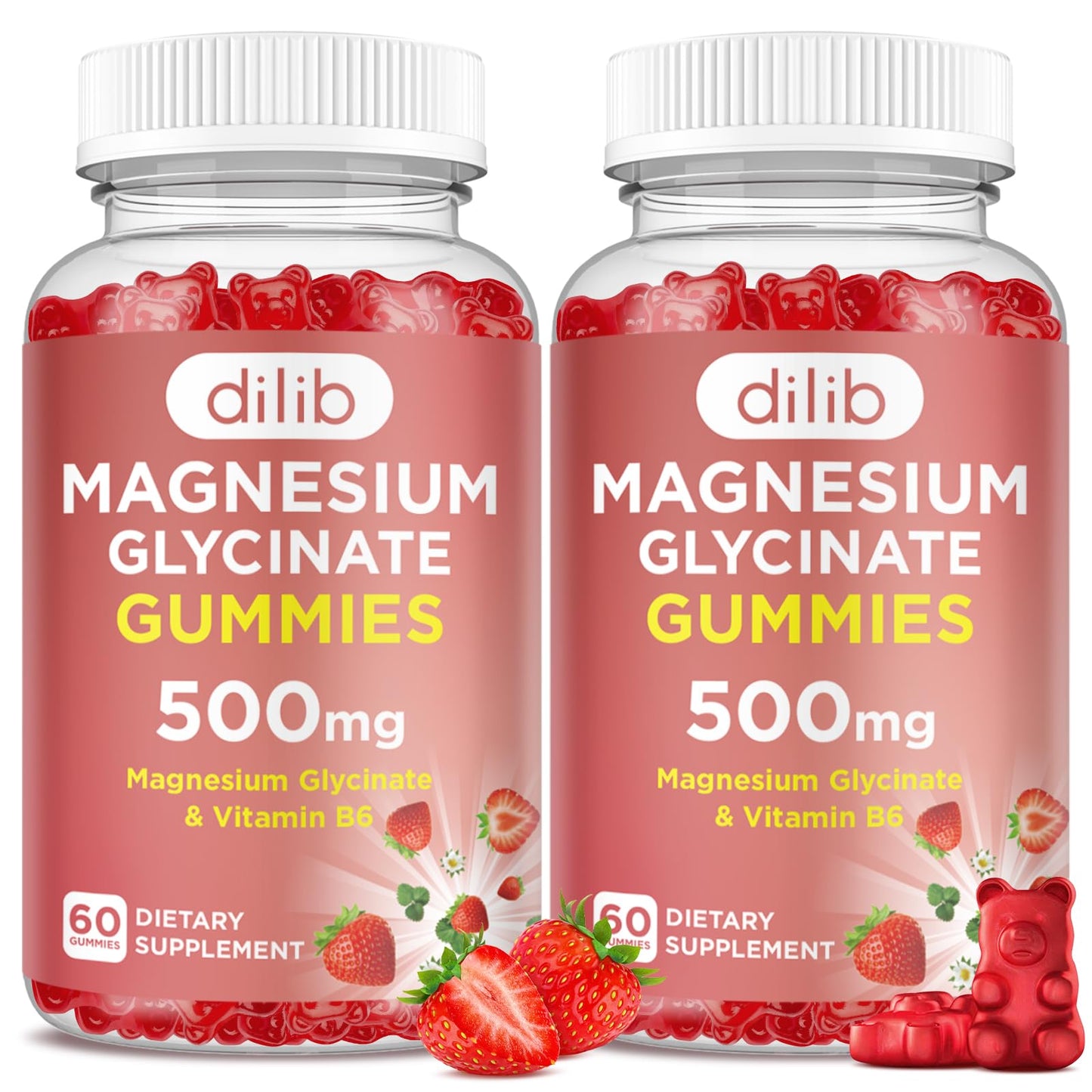 dilib Magnesium Glycinate Gummies 500mg with Vitamin B6, Strawberry Flavor, 120 Gummies