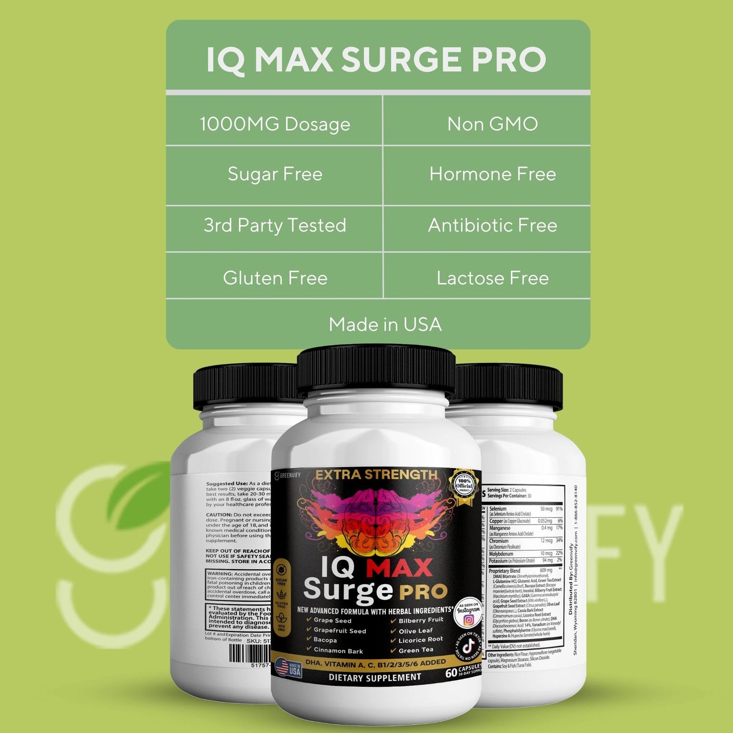 GREENVIFY IQ Max Surge Pro Brain Supplement Extra Strength with Herbal Ingredients 60 Capsules