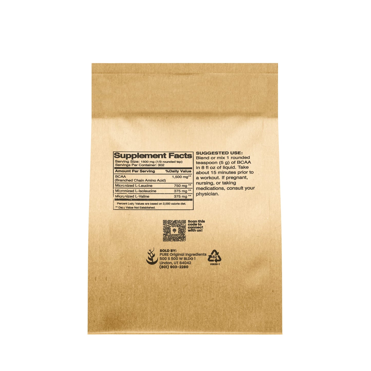 Pure Original Ingredients Unflavored Instantized BCAA Powder, 8 oz