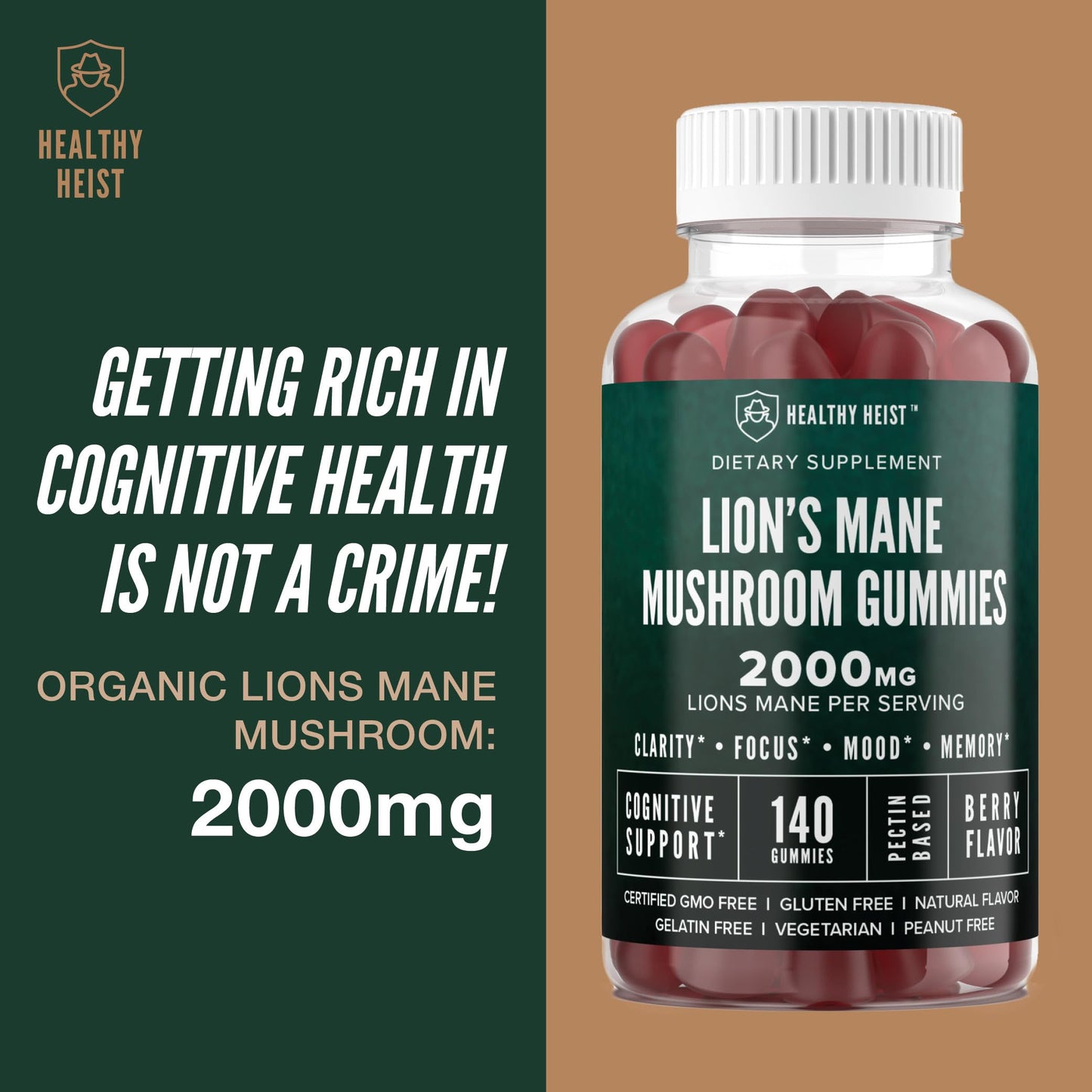 HEALTHY HEIST Lions Mane Mushroom Gummies 2000 mg 10:1 Extract, 280 Count