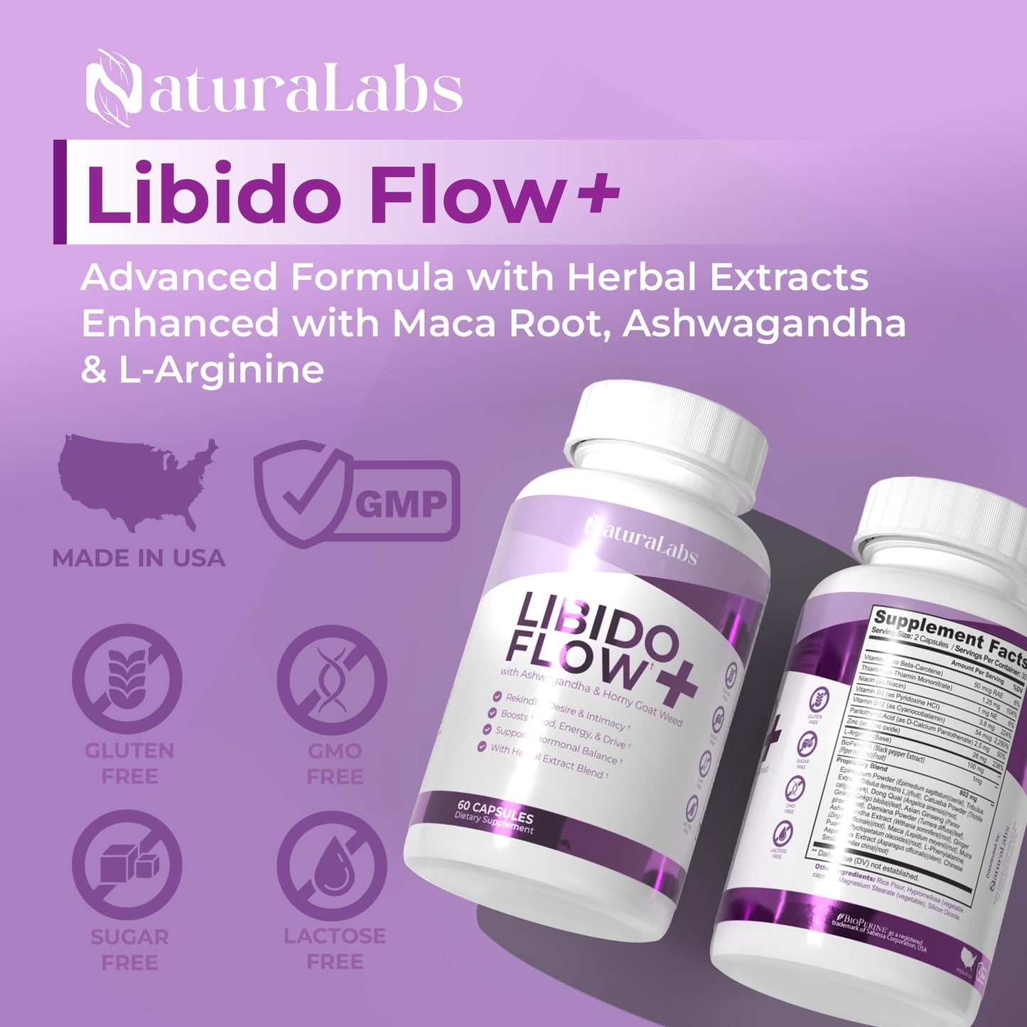 NATURALABS Female Libido Booster Capsules for Women Over 40 - Maca Root, Fenugreek, Ashwagandha, Zinc, L-Arginine - Libido, Energy, Mood Support, Hormone Balance - 60 Count