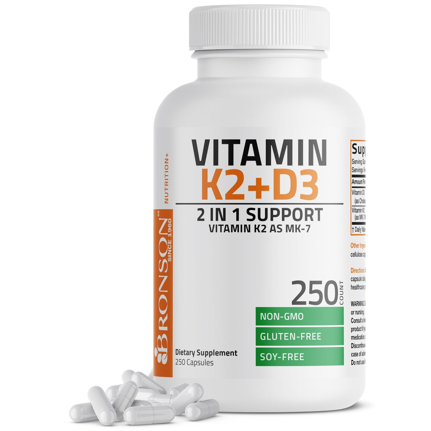 Bronson Vitamin K2 D3 (MK7) Supplement 2-in1 D3 & K2 Complex, 250 Capsules