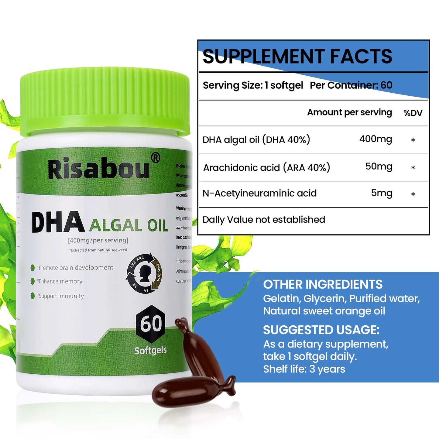 Risabou Algal Oil DHA 400 mg with ARA and SA, DHA Omega-3 Softgels, 120 Count