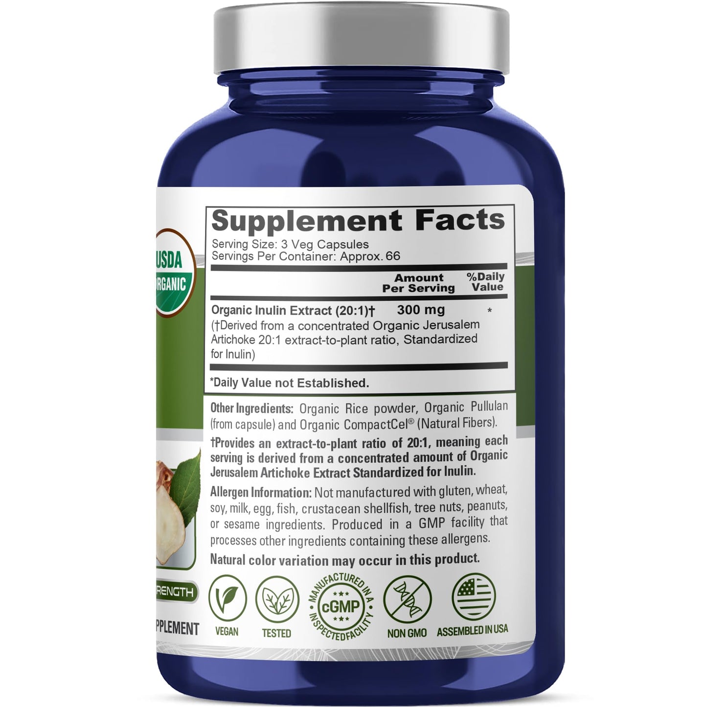 NusaPure Organic Inulin 300mg, Vegan, Non-GMO, Veg Capsules, 200 Count