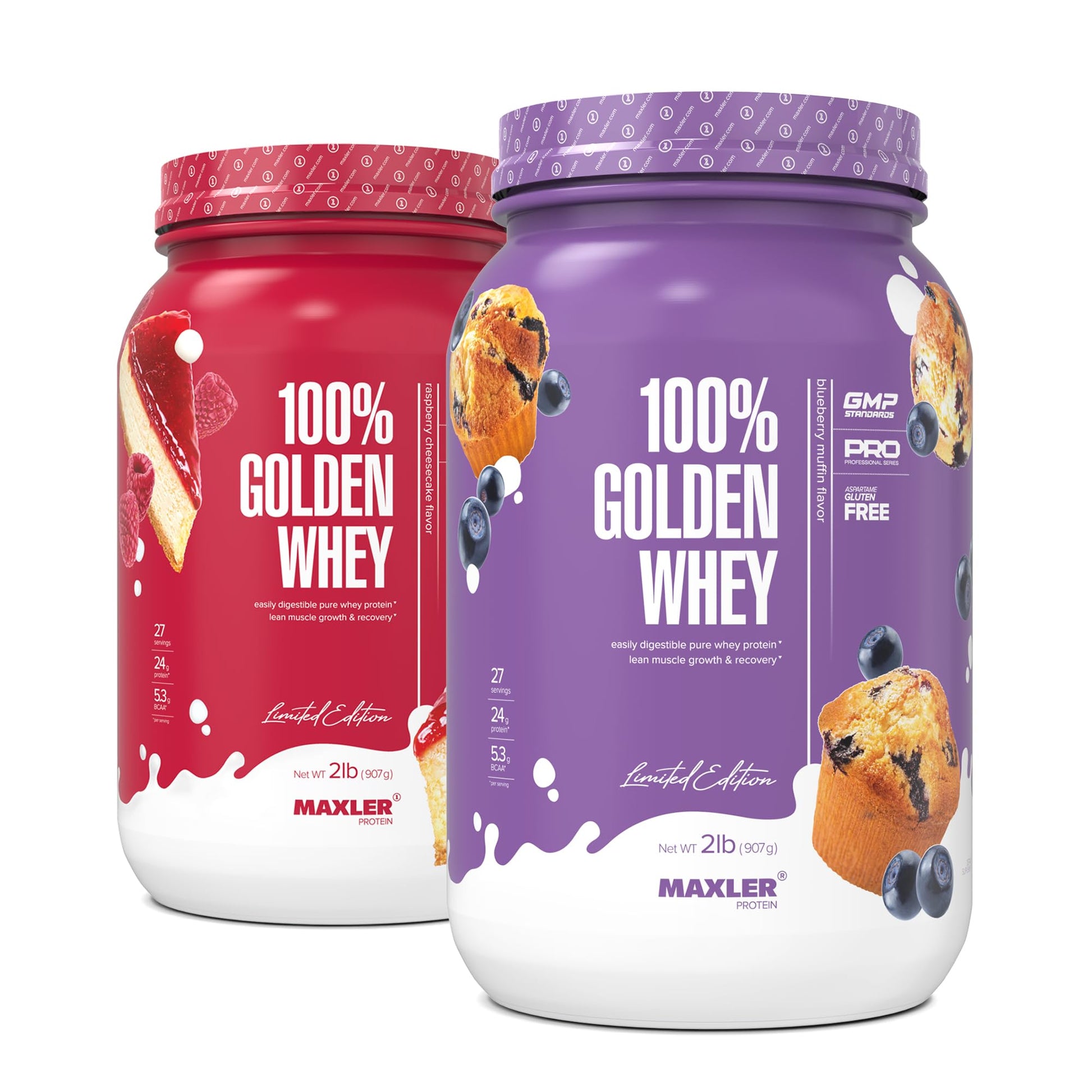 Maxler 100% Golden Whey Raspberry Cheesecake and Blueberry Muffin Bundle Powder, 64 Servings