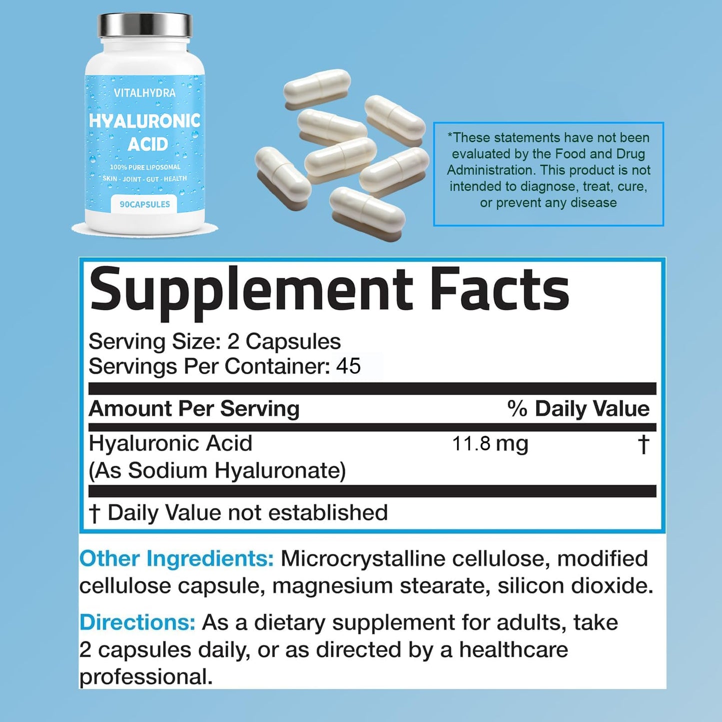 Vitalhydra Hyaluronic Acid Joint Supplements, Non-GMO, Gluten Free, 1 Capsule