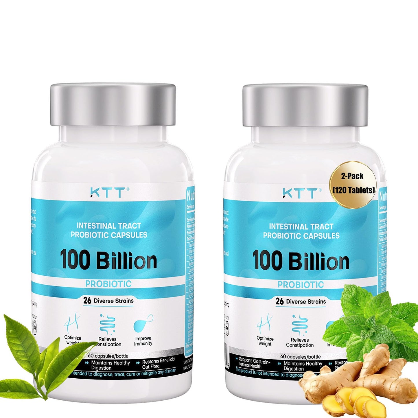 KTT US-Made Probiotics 100B CFU, 26 Strains + Organic Prebiotics, Supports Digestive & Immune Health, 120 Capsules