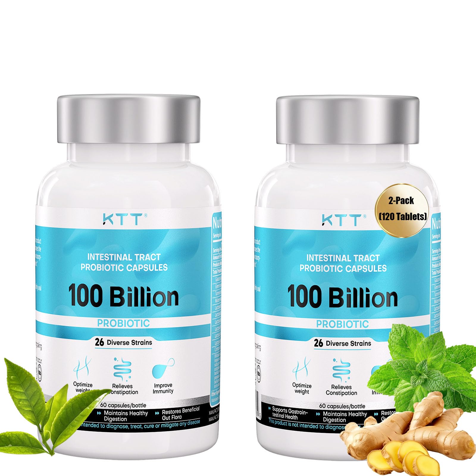 KTT US-Made Probiotics 100B CFU, 26 Strains + Organic Prebiotics, Supports Digestive & Immune Health, 120 Capsules