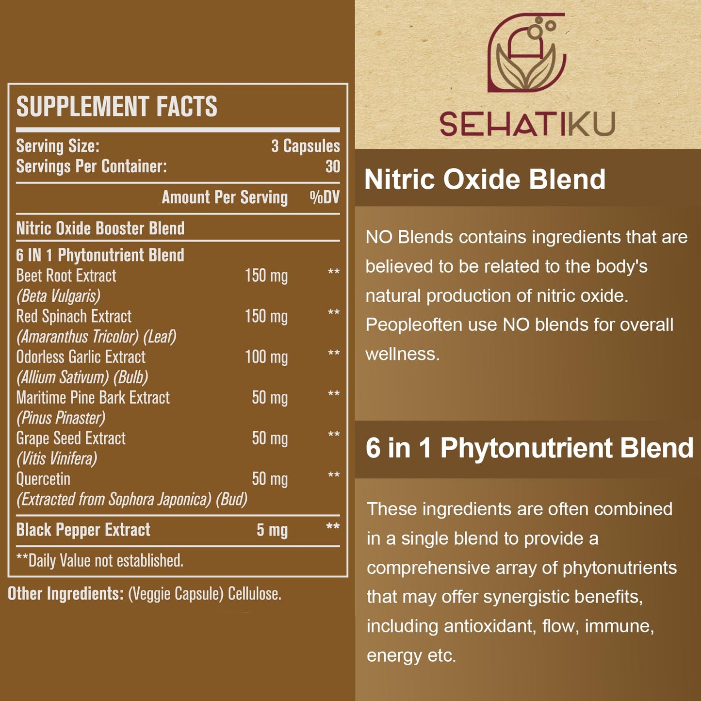 SehatiKu Nitric Oxide Supplement, Nitric Oxide Booster & 6-in-1 Phytonutrient Blend for Heart, Flow, Immune, 90 Capsules