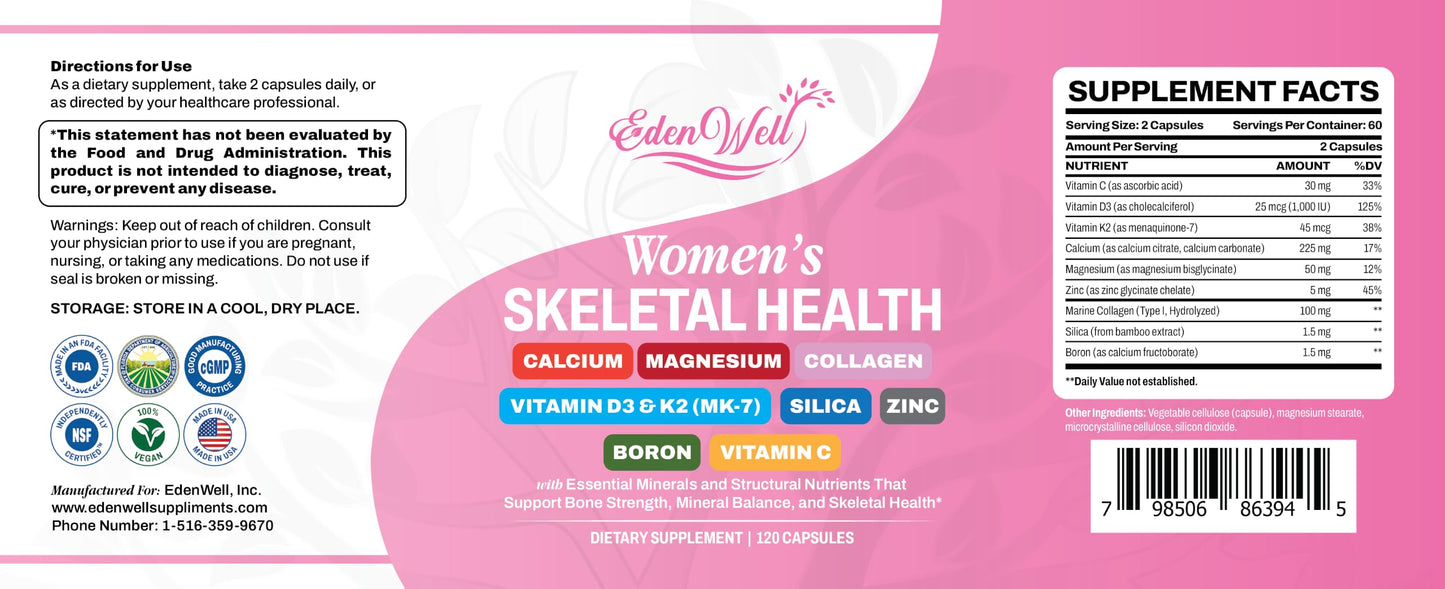 EDENWELL Women’s Skeletal Health Supplement with Calcium, Magnesium, Vitamin D3 & K2 (MK-7), Collagen, Silica, Zinc, Boron & Vitamin C – Bone Strength & Density Support, 60 Capsules