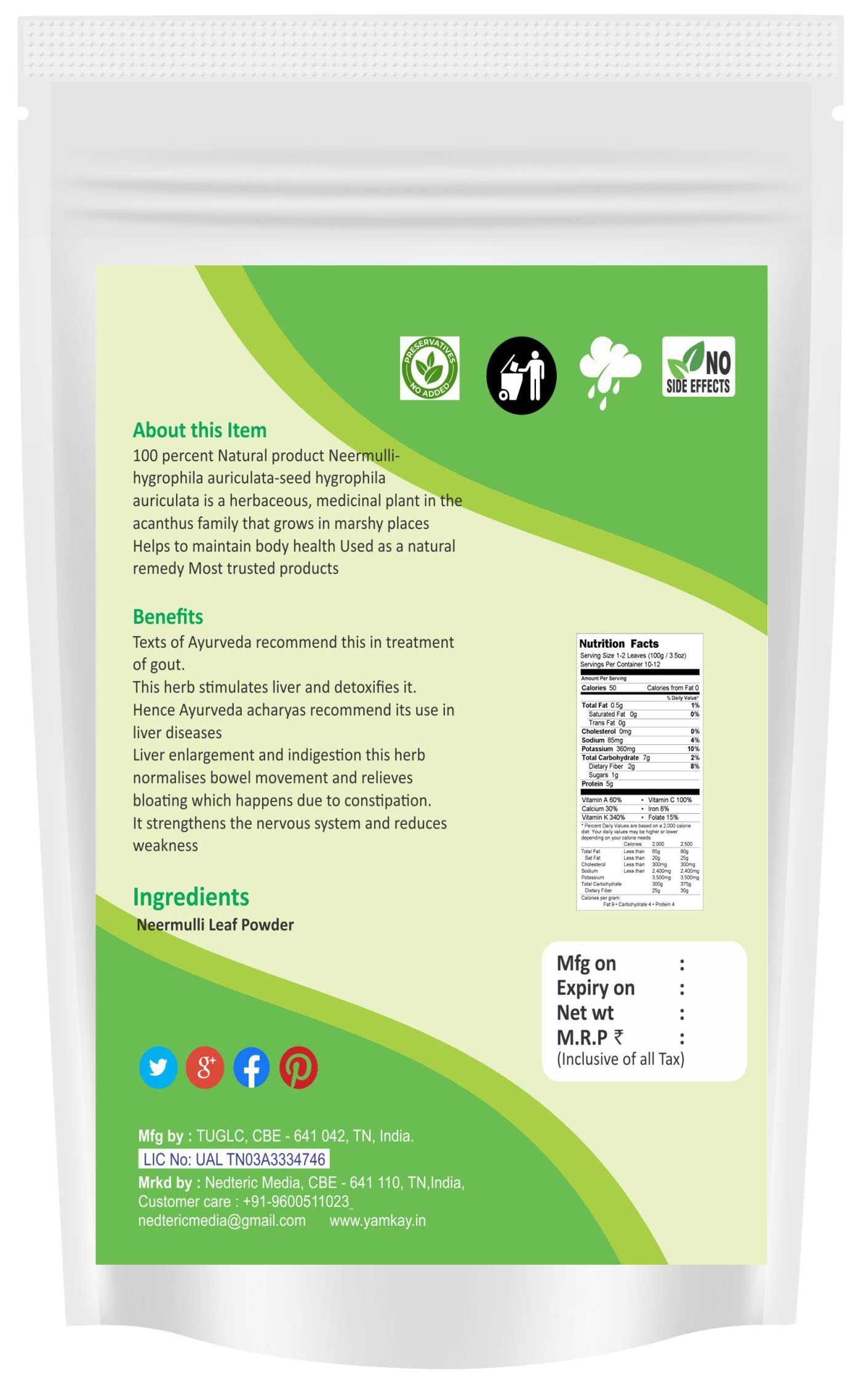 YAMKAY Neermulli Leaf Powder, 3.52 Ounce