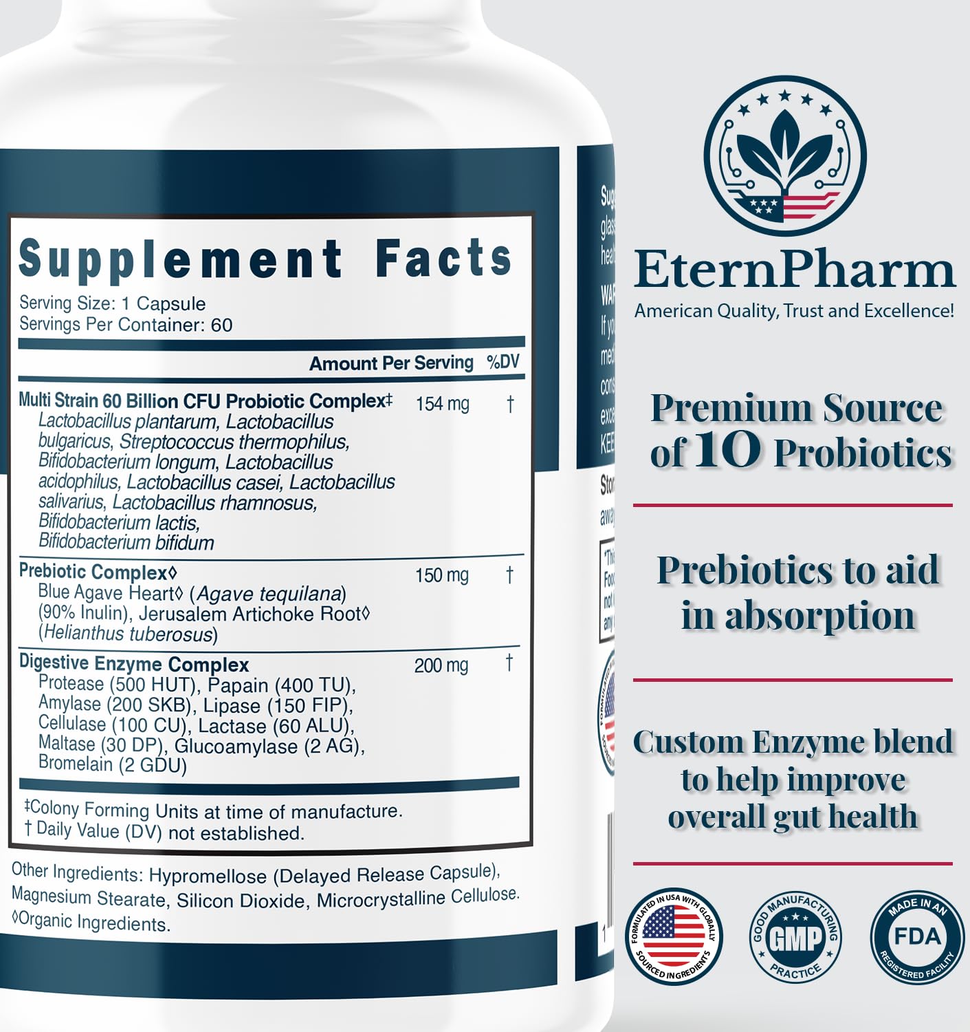 Eternpharm Probiotic 60B CFU 3-in-1 with Prebiotics & Enzymes Capsule, 60 Count