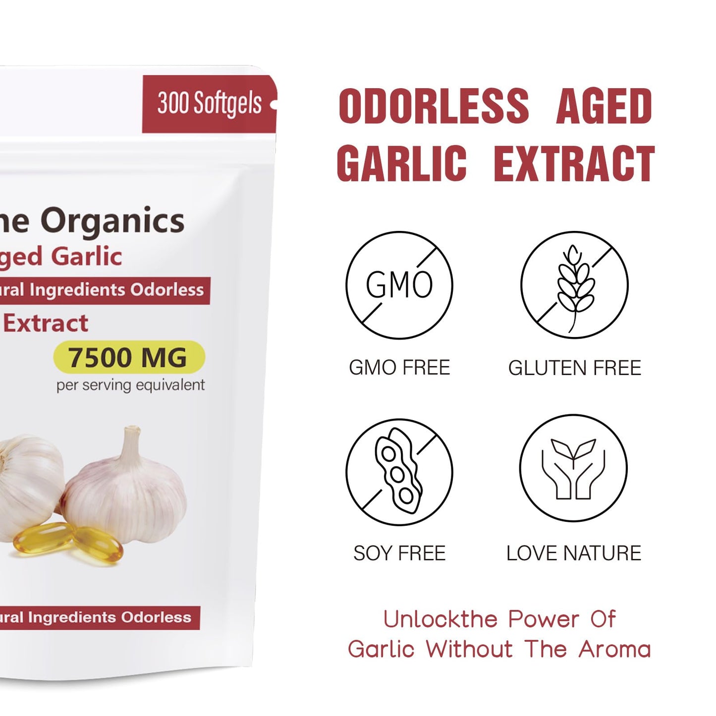 Lumine Organics Aged Garlic Extract Capsules, 500mg per Serving, Odorless, 300 Softgels, Vegetarian, 1 Count
