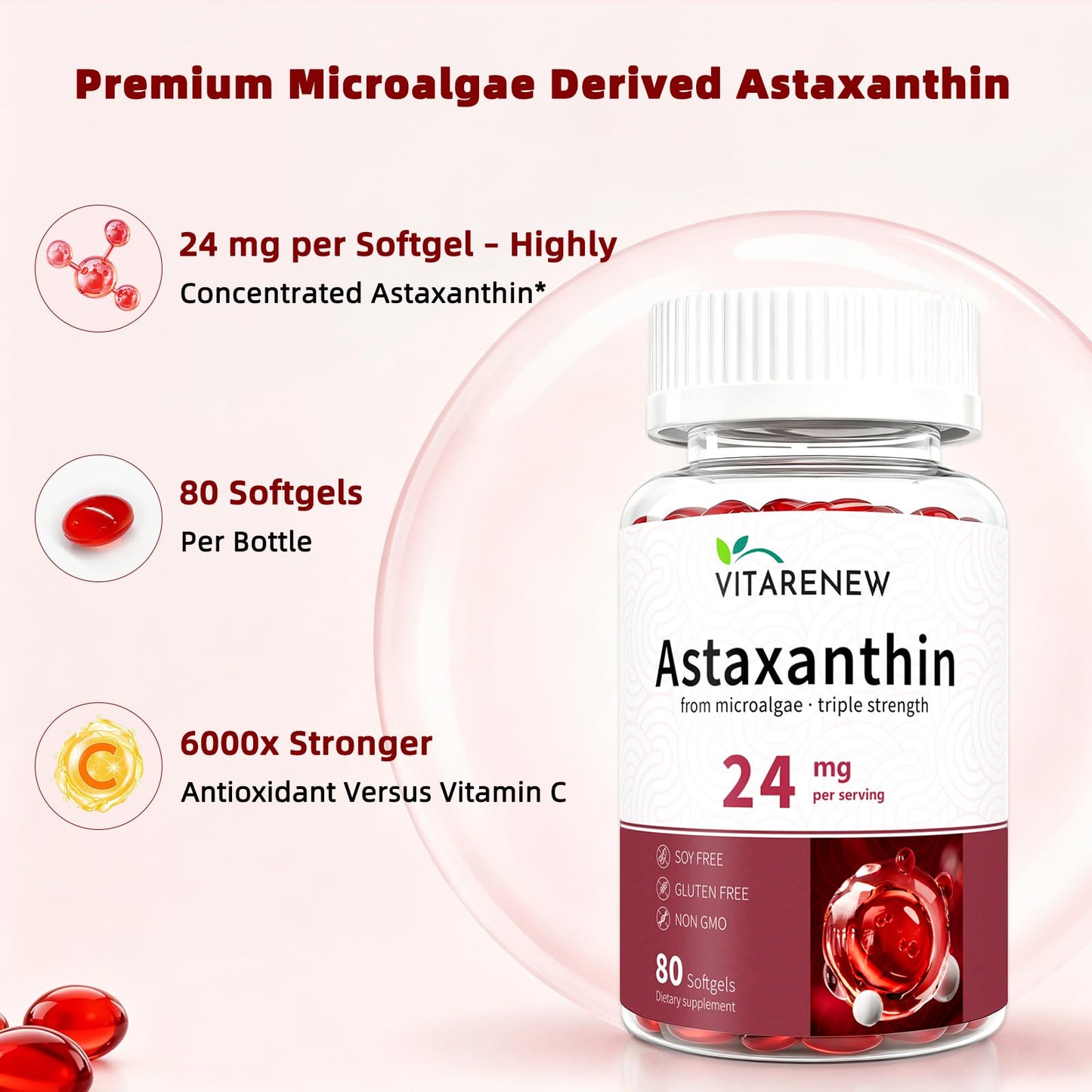 VITARENEW Astaxanthin 24mg Complex with Phosphatidylcholine, Lutein & Vitamin E High-Absorption Softgel 80 Softgels