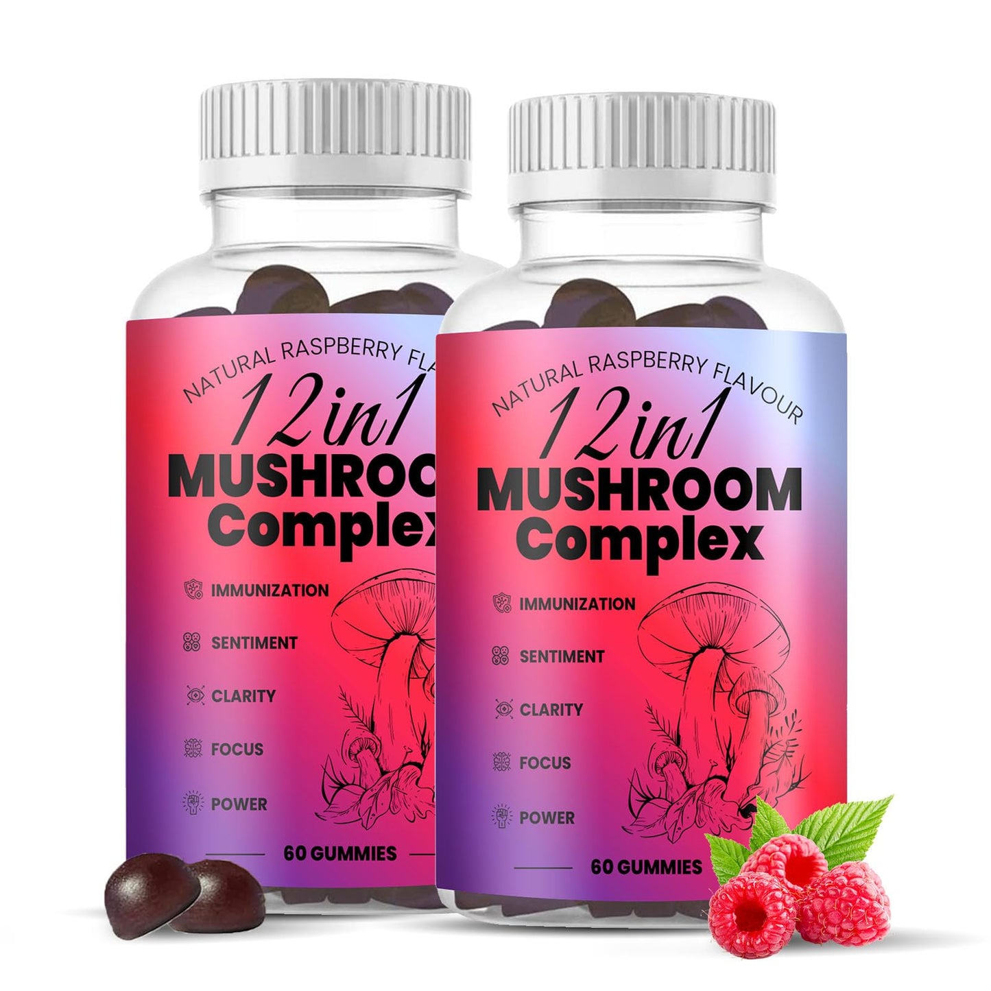 NUTSE Mushroom Gummies 12 in 1 Mushrooms Complex for Adults, Cognitive Function, Immune Health & Energy Gummy, 60 Count