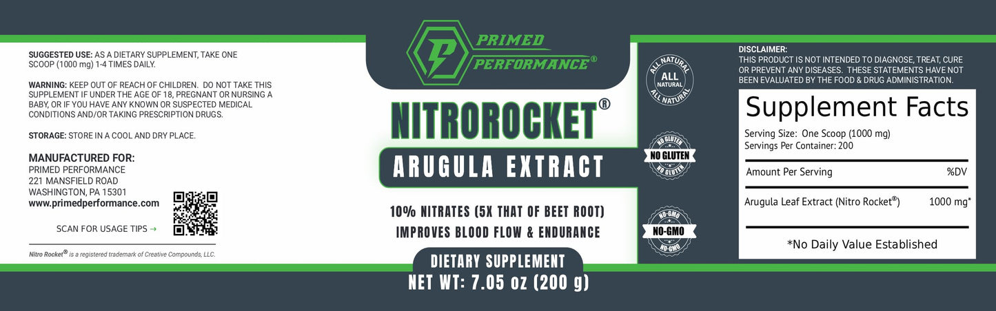Primed Performance NitroRocket Plant-Based Nitric Oxide Powder, 7 oz