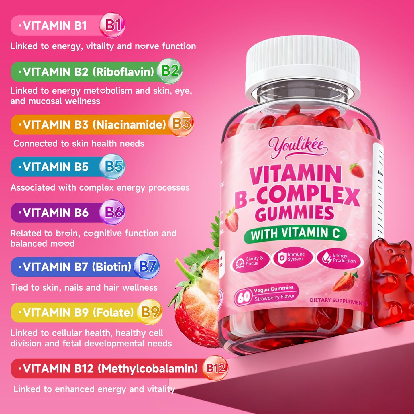 Youlikee Vitamin B-Complex Gummies for Women & Men, 60 Count