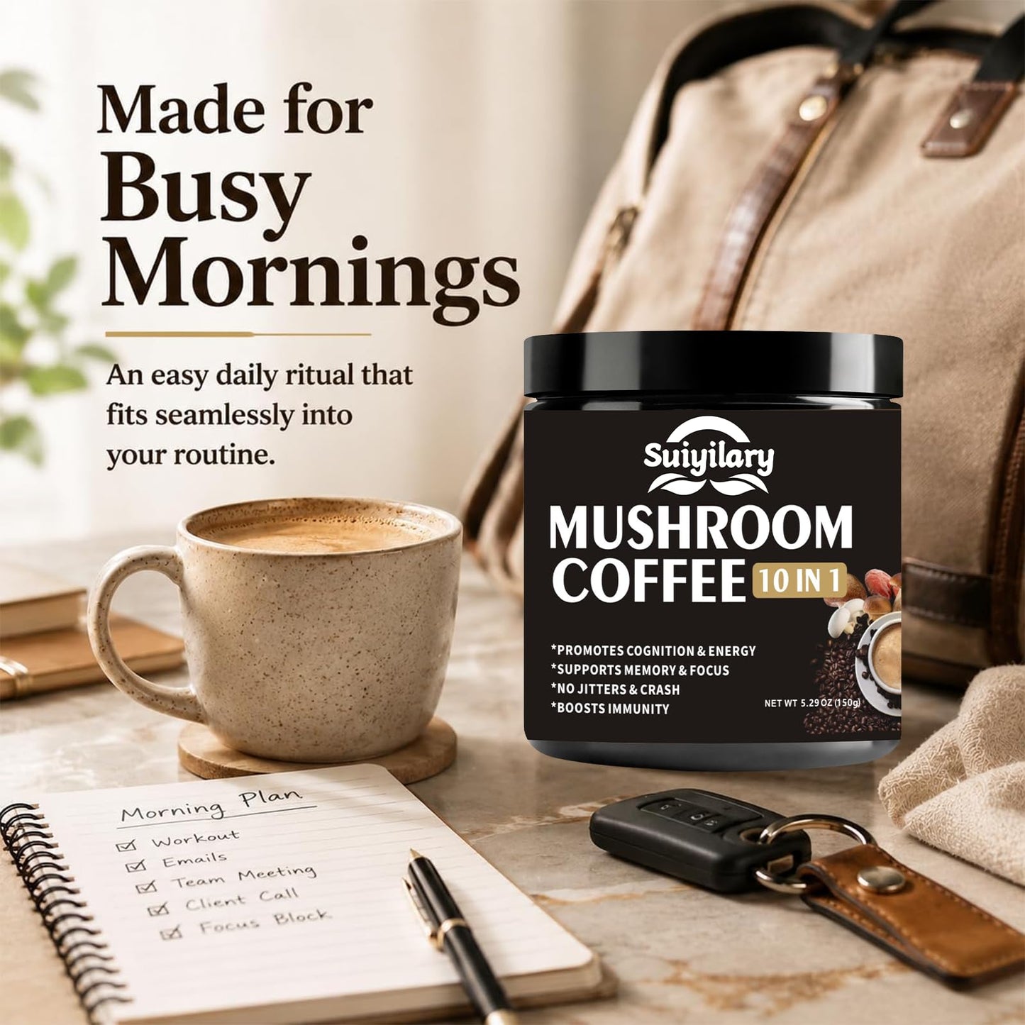 Suiyilary Mushroom Coffee Powder 5.3 oz - 10-Mushroom Extract Blend (Lion's Mane, Reishi, Chaga, Cordyceps, Turkey Tail)