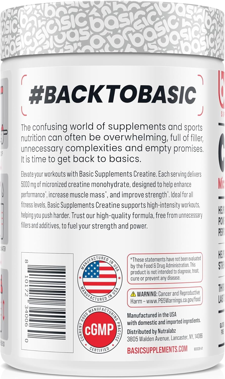 BASIC SUPPLEMENTS Micronized Creatine Monohydrate Powder, 10.6 oz