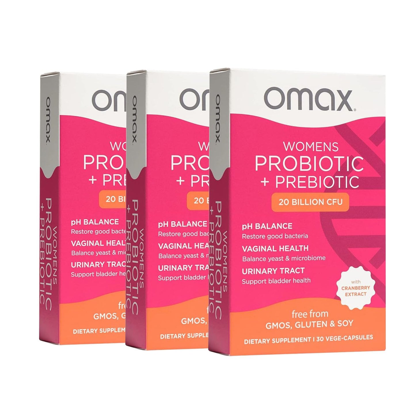 Omax3 Womens Probiotic + Prebiotic Capsule 20 Billion CFU, 6 Clinically Proven Strains, Cranberry & Chicory Root, 90 Count