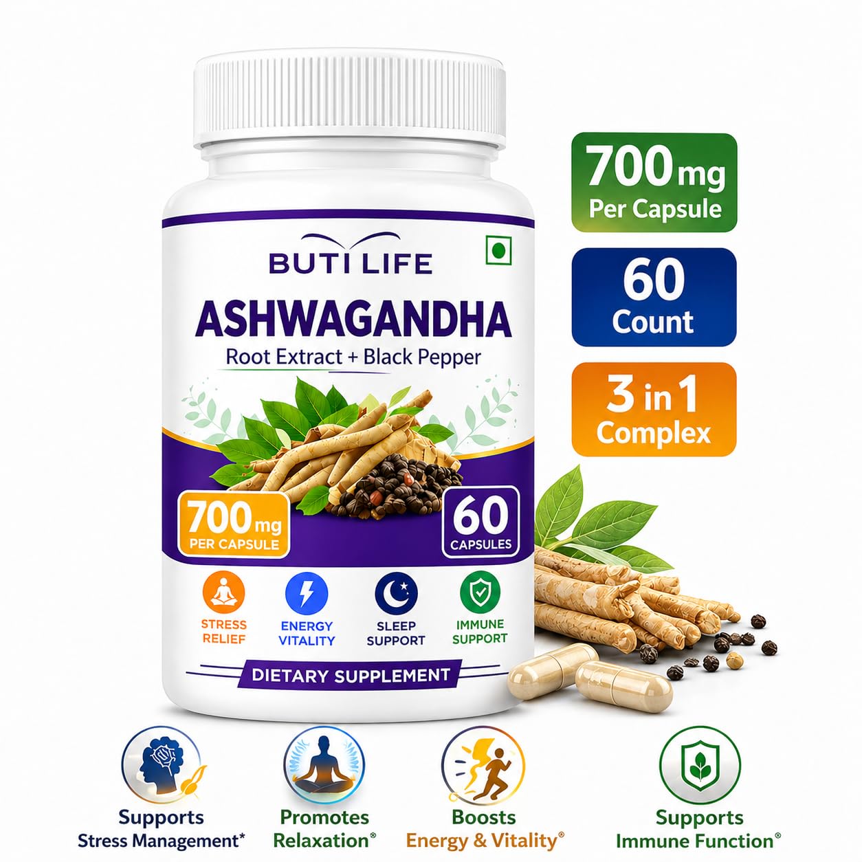 BUTI LIFE Ashwagandha 700mg Capsules 120 Count
