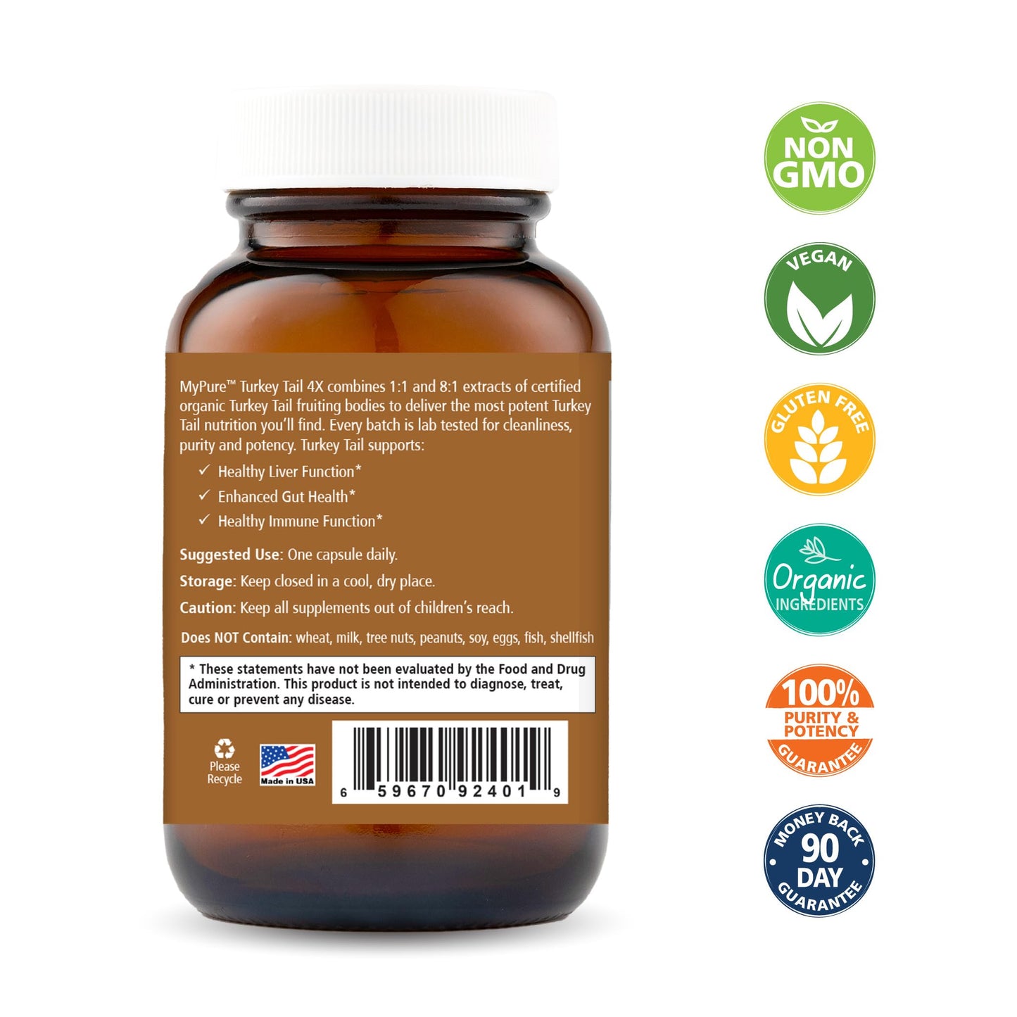 PURE ESSENCE LABS Organic Turkey Tail 4X Mushroom Extract Capsules, 30 Count
