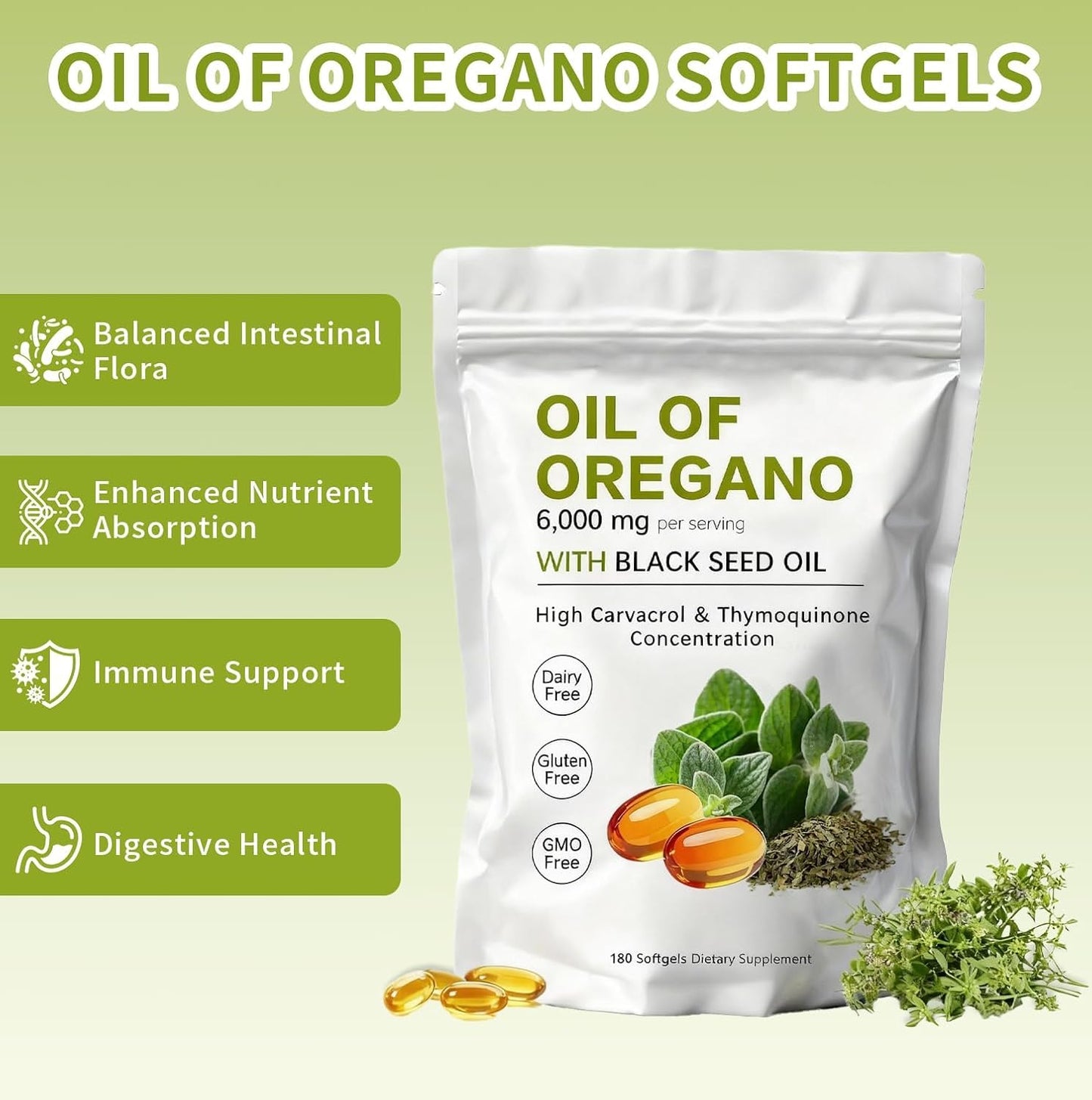 Huuazoi Oregano Oil Softgels Capsule, 180 Count