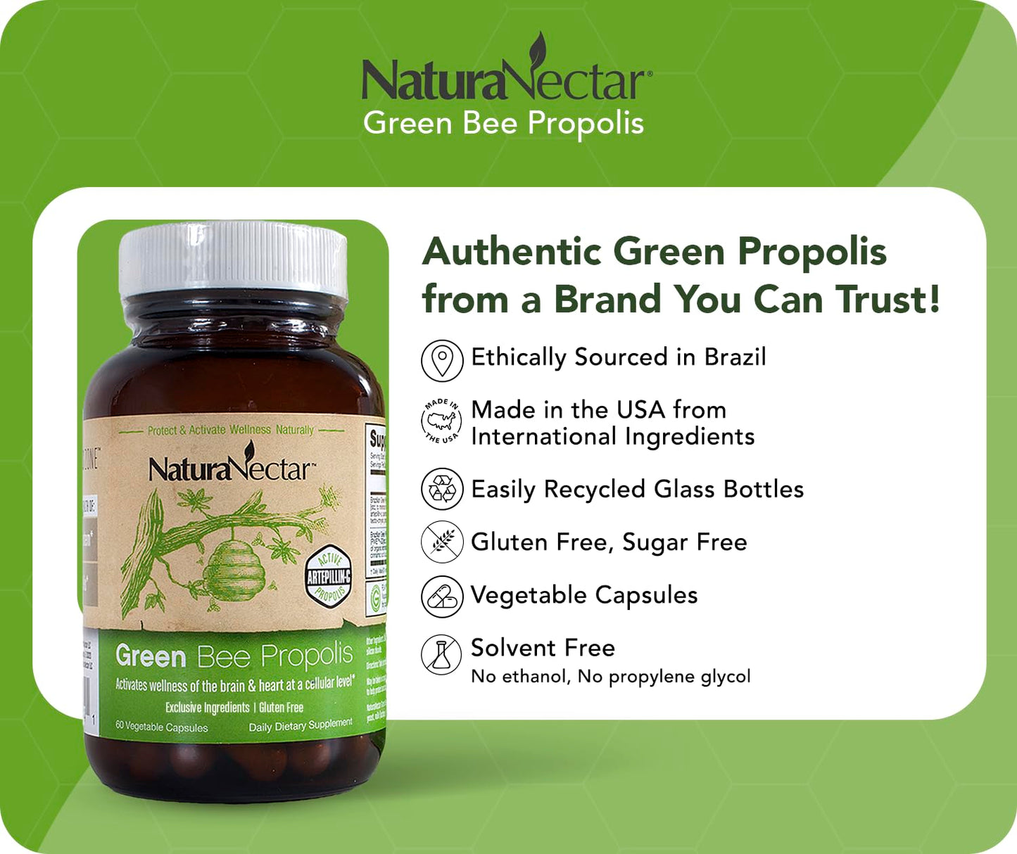 NaturaNectar Green Bee Propolis Capsules 60 Count